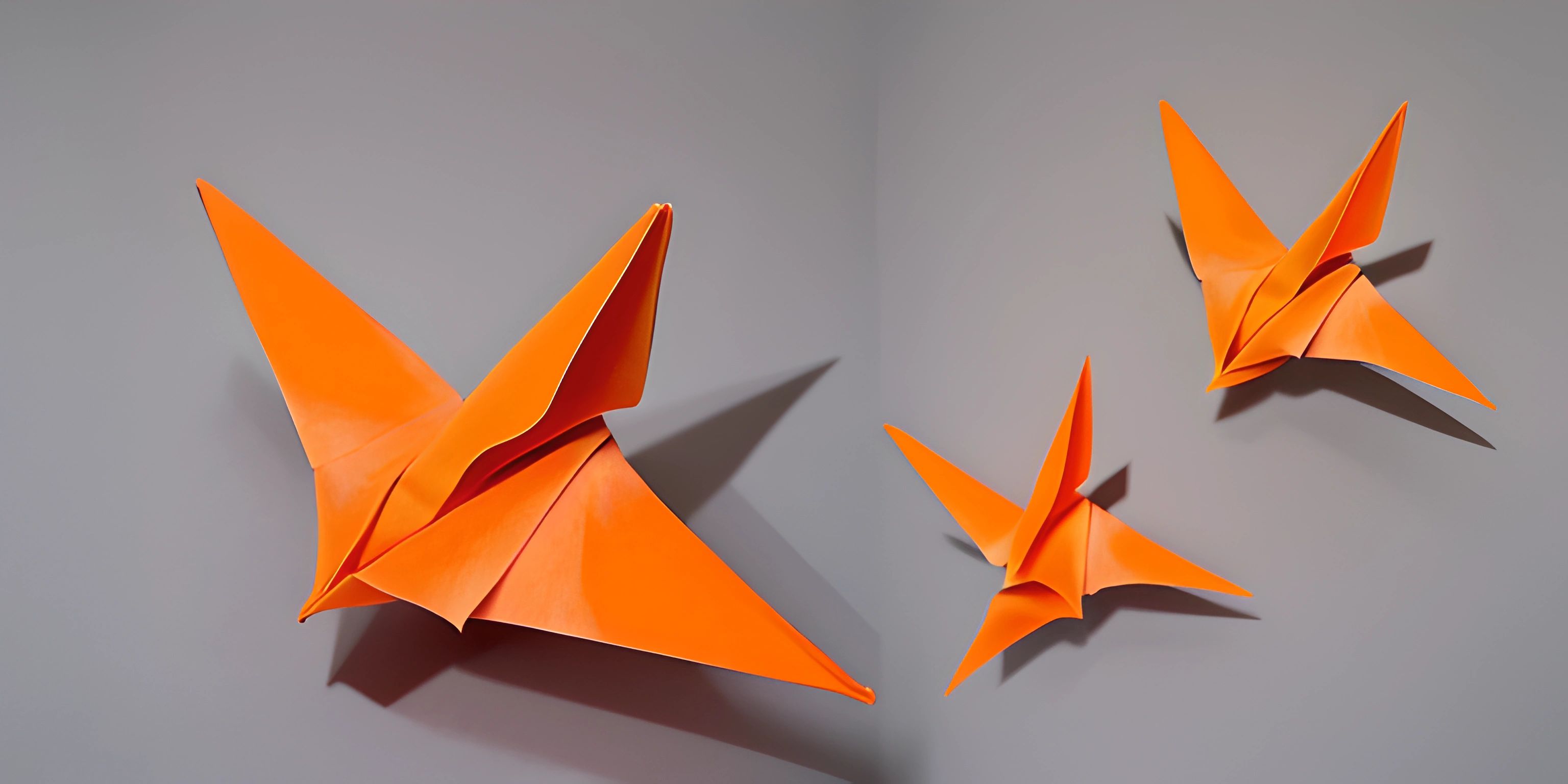three origami birds that are orange and sitting next to each other on the wall
