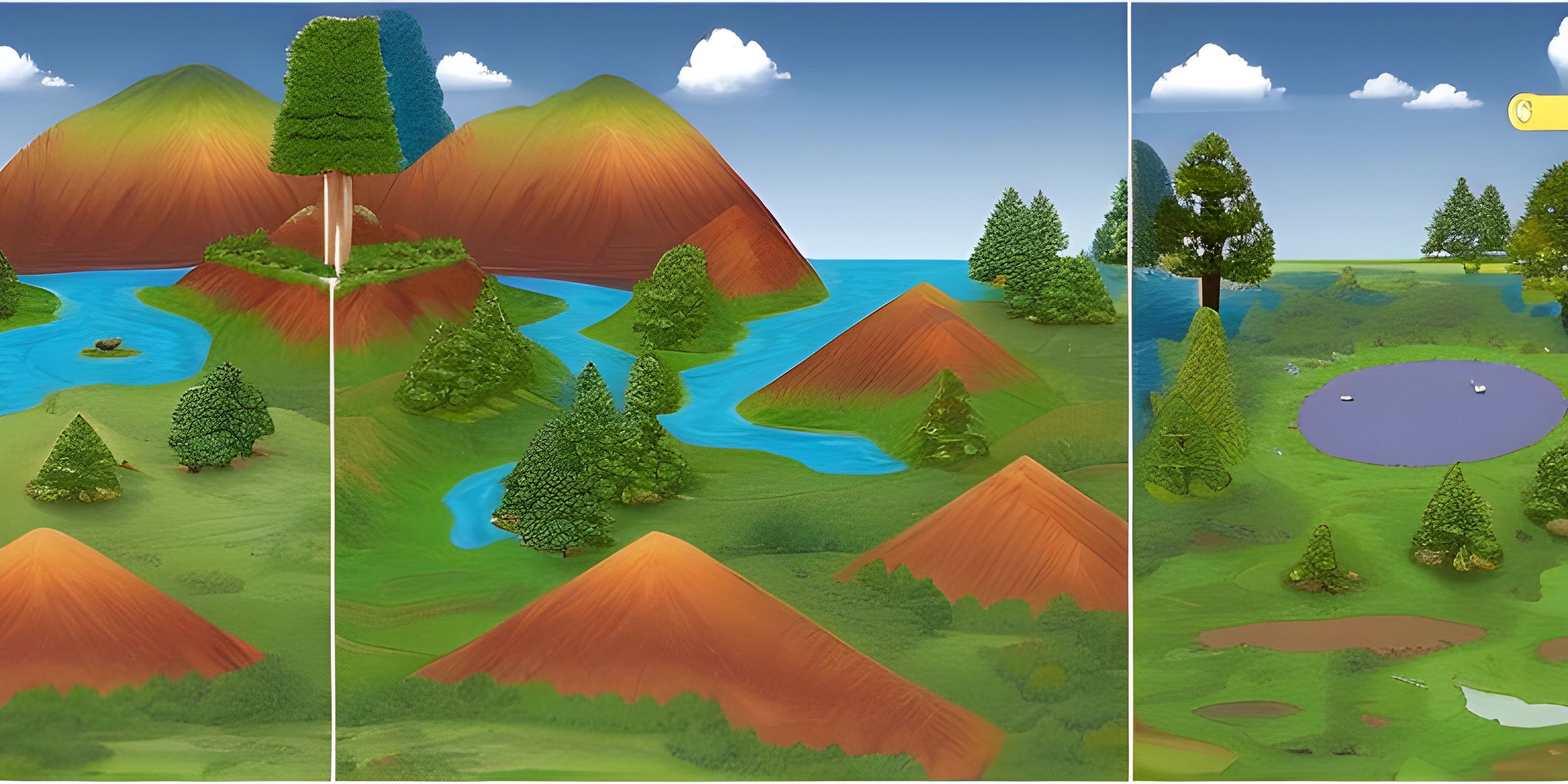 a 3d rendering of the landscape in several different poses for each view, there is water, trees and mountains