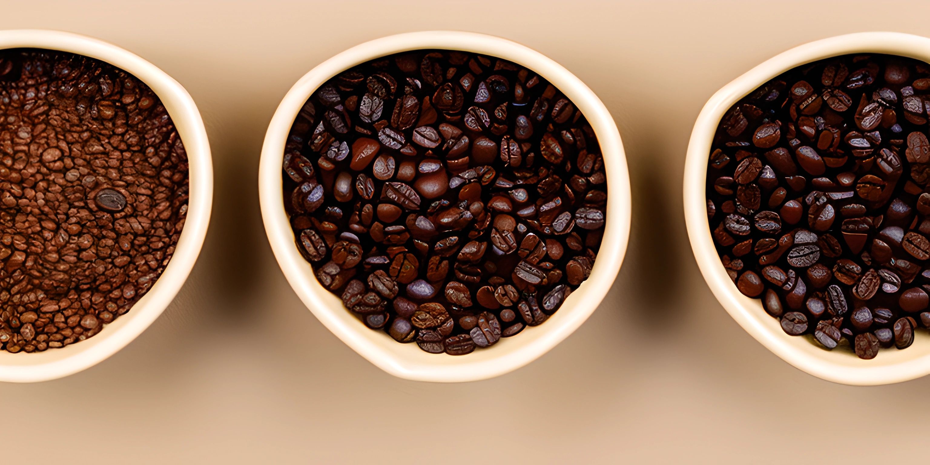 a row of coffee beans in four white bowls in the same spot, all over a tan surface