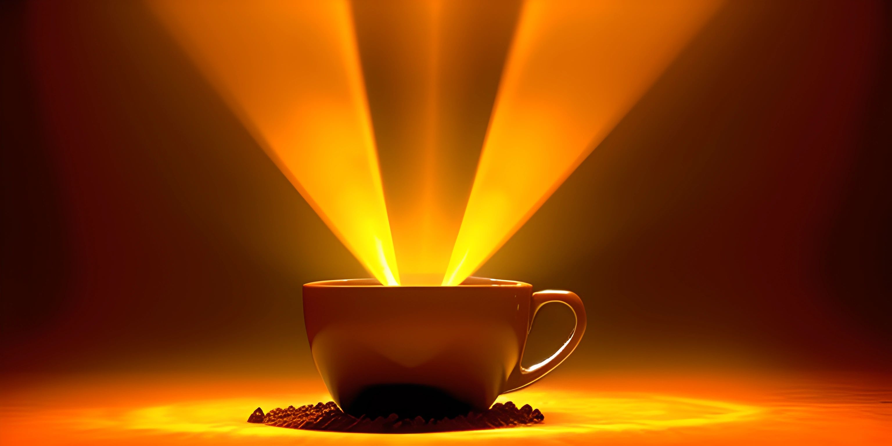 a cup with tea on a table with some yellow lights behind it, and coffee beans