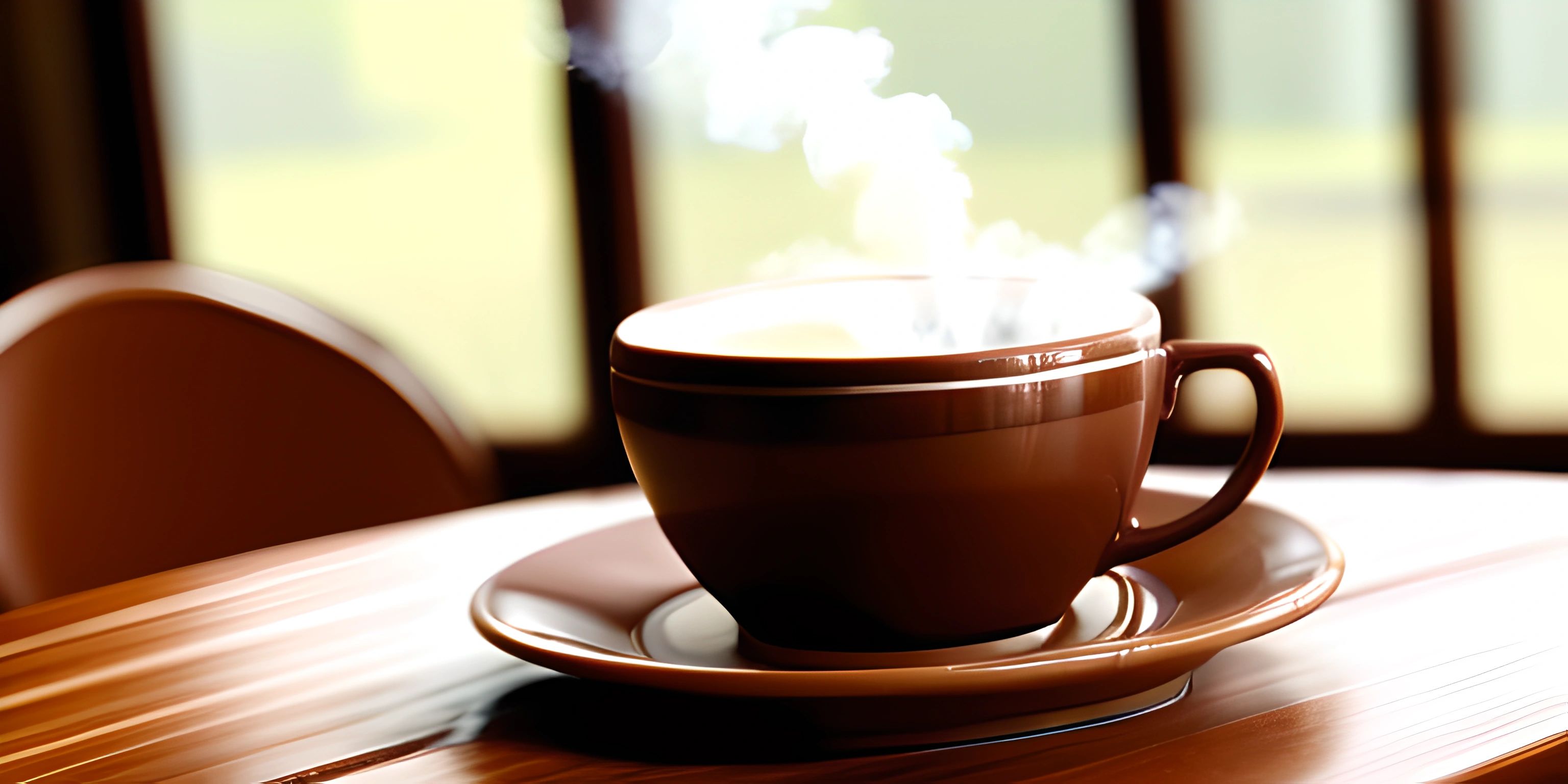 a coffee cup on top of a saucer on a wooden table near a window