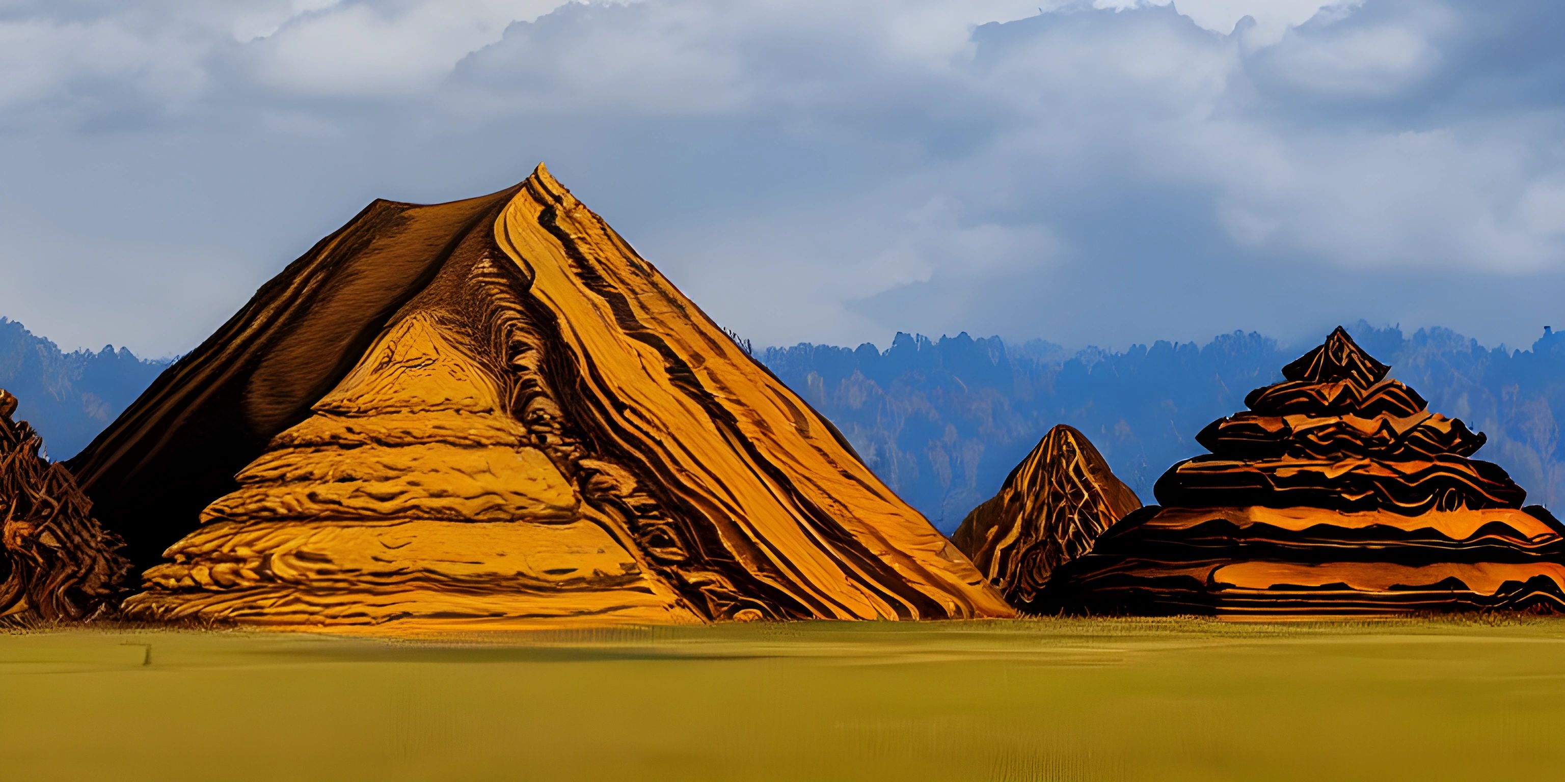 several large mountains that are covered in many shades of orange and brown, and mountains with blue sky above them