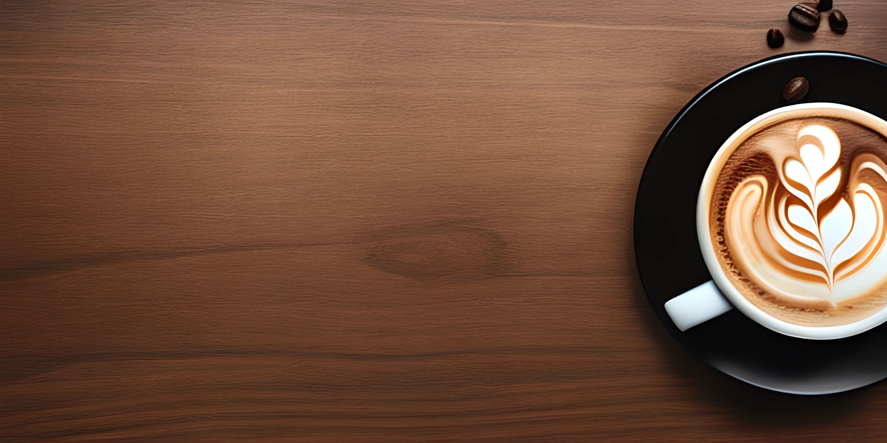 a cup of coffee on a saucer and plate on a wooden table with beans