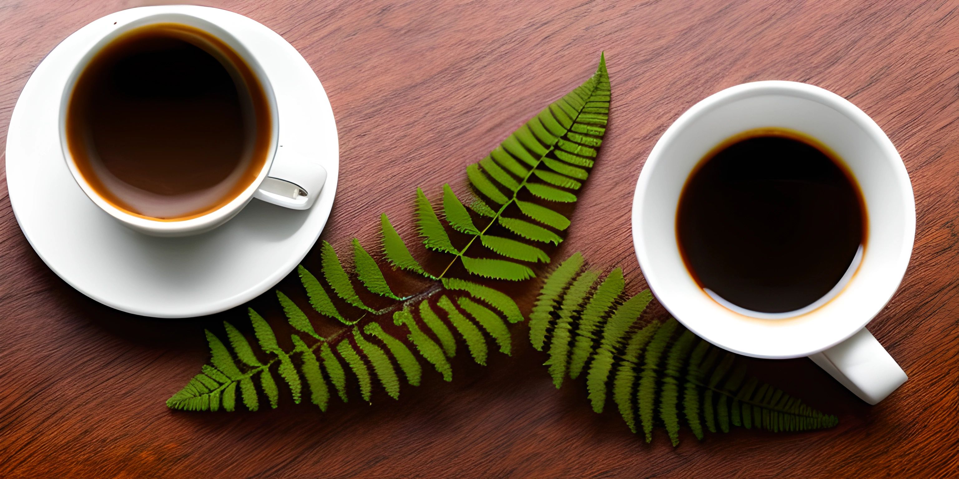 two cups of coffee sit on a table with a fern leaf nearby them and green leaves