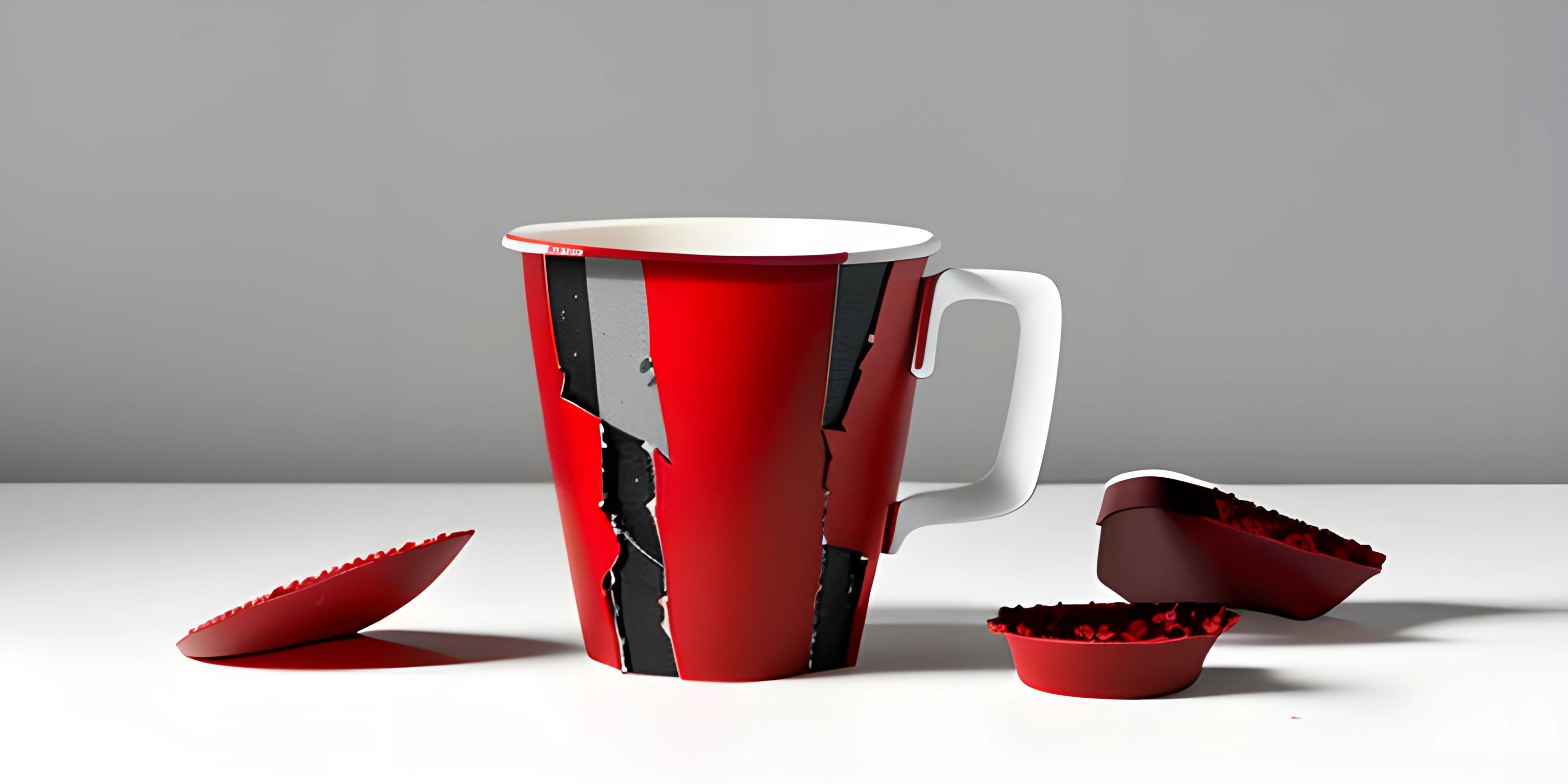 red and white coffee cup with a broken handle sitting next to red candy cups on the table