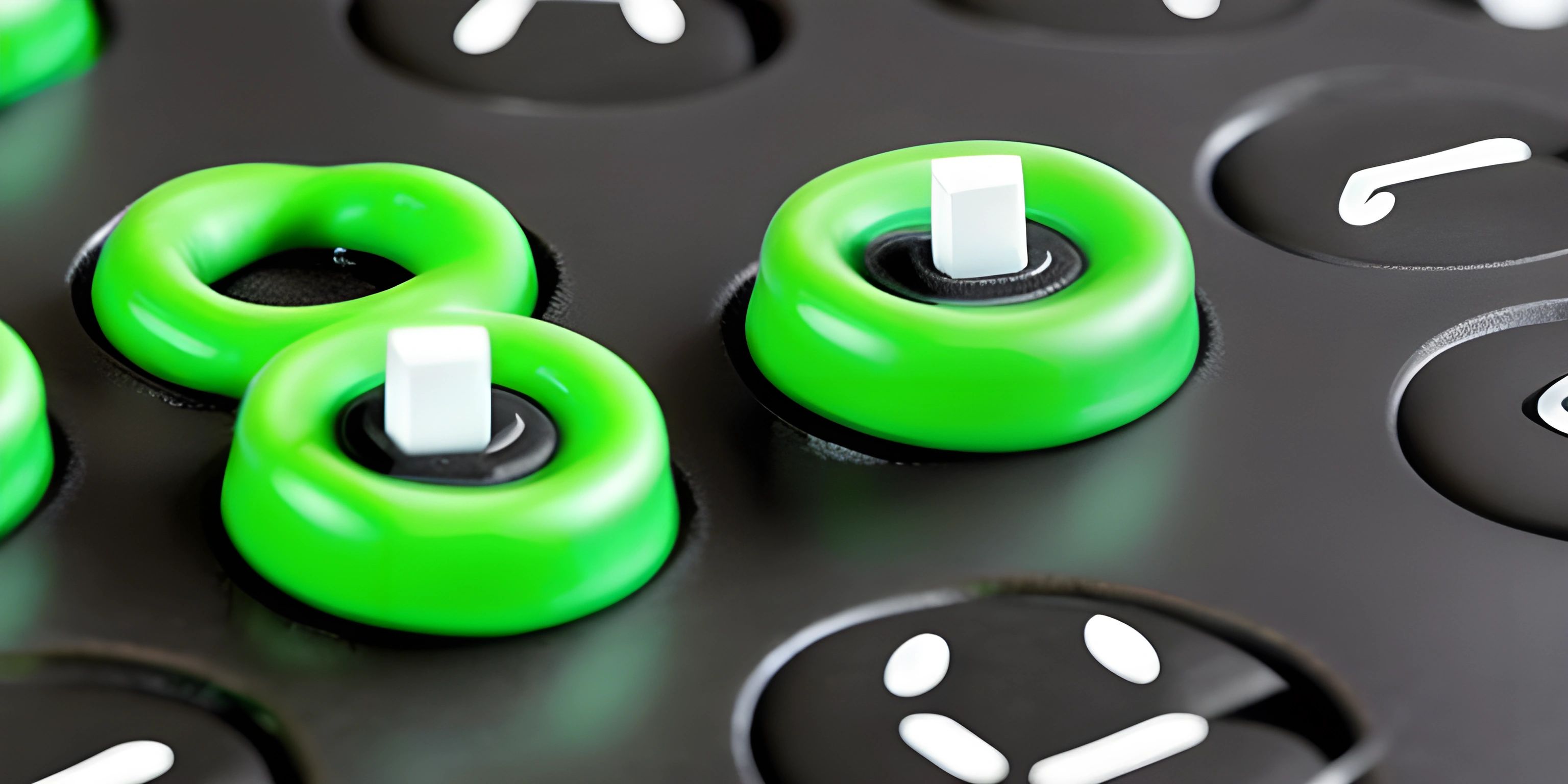 some green buttons and a green pair of eyeballs on a black keyboard and back