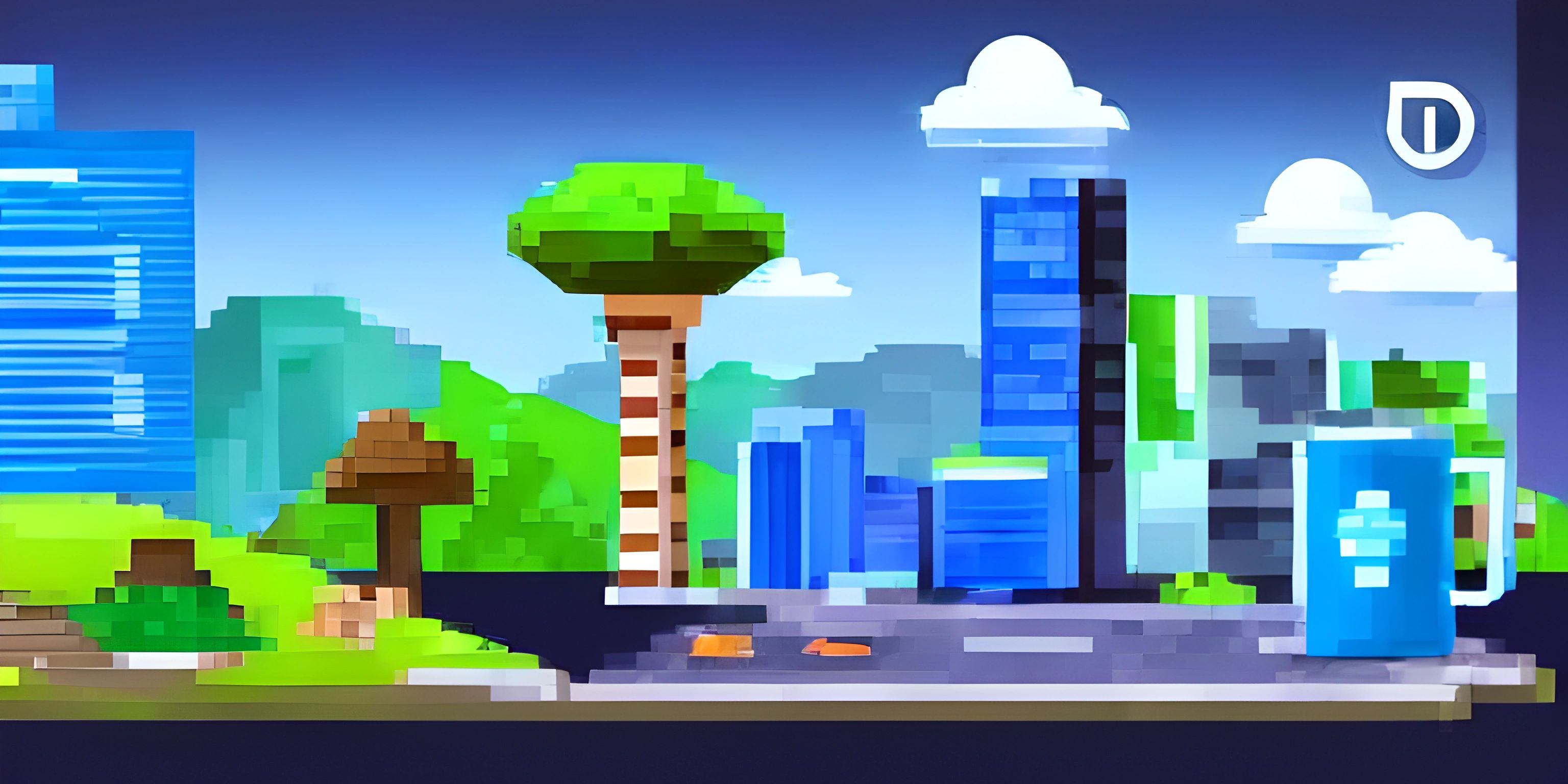 a colorful pixel style photo of a city with buildings and trees in the foreground