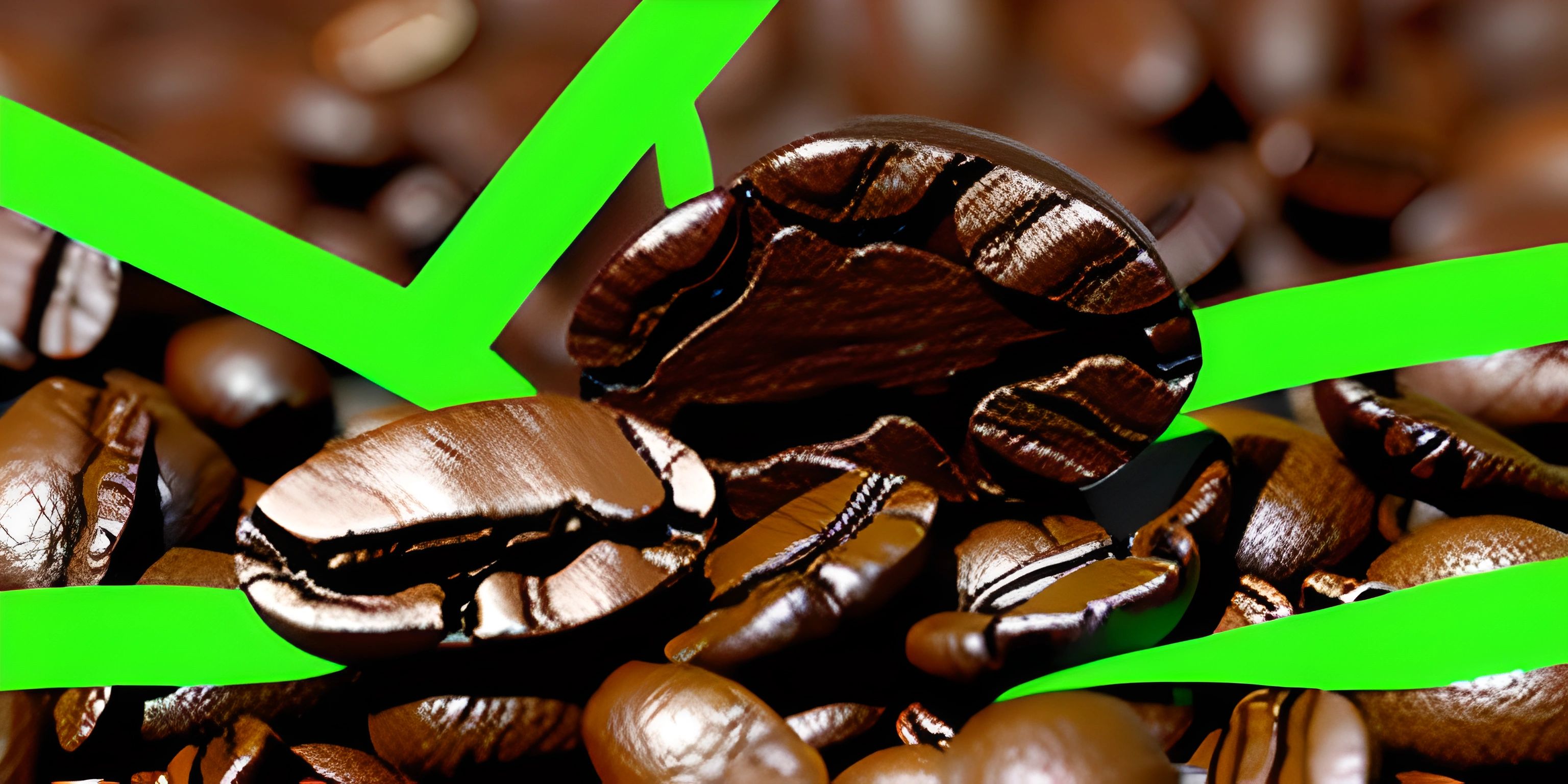 coffee beans are brown and have green arrows pointing up the middle and bottom of them