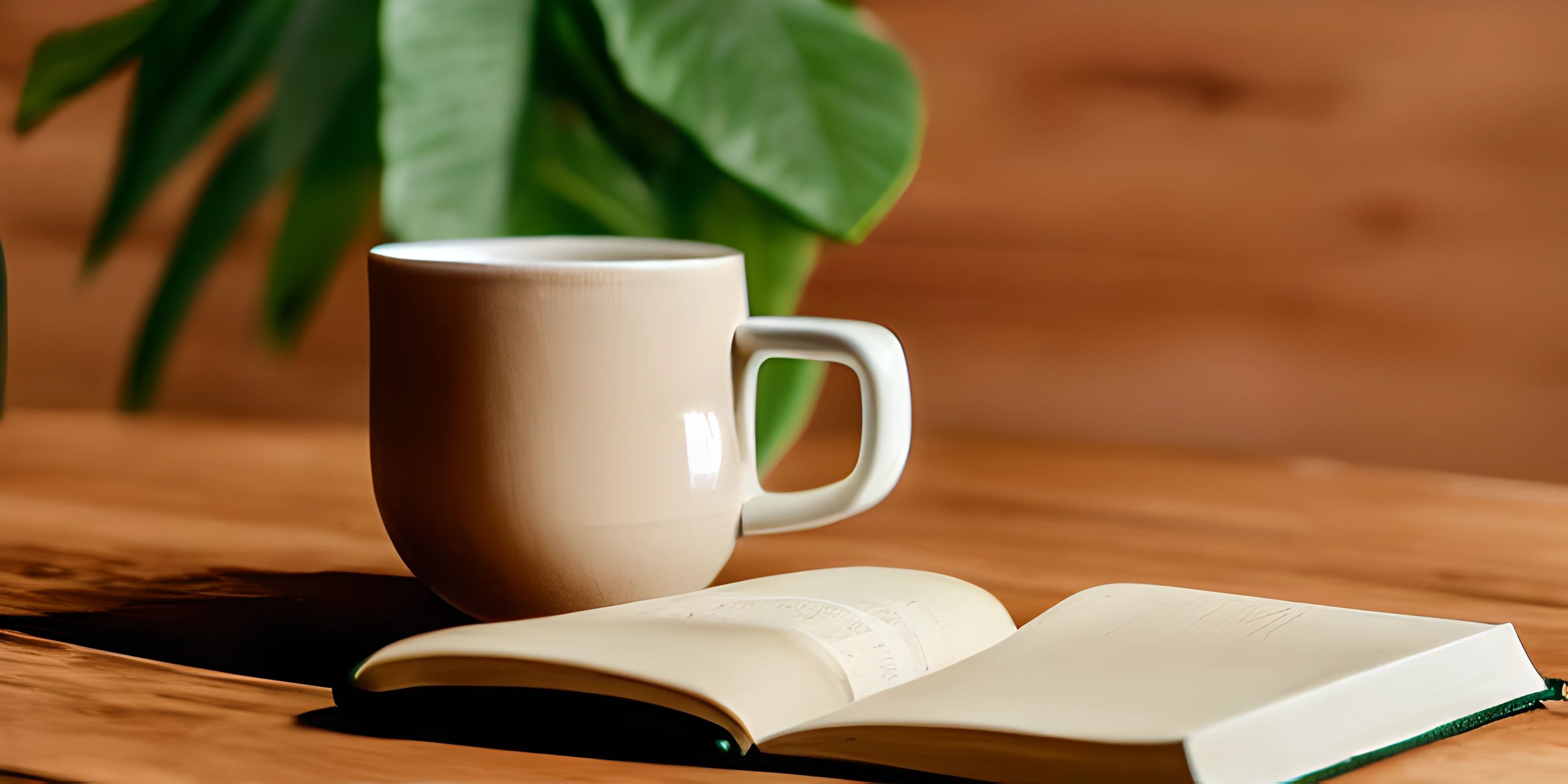 the table is holding an open book, and a cup of coffee is beside it