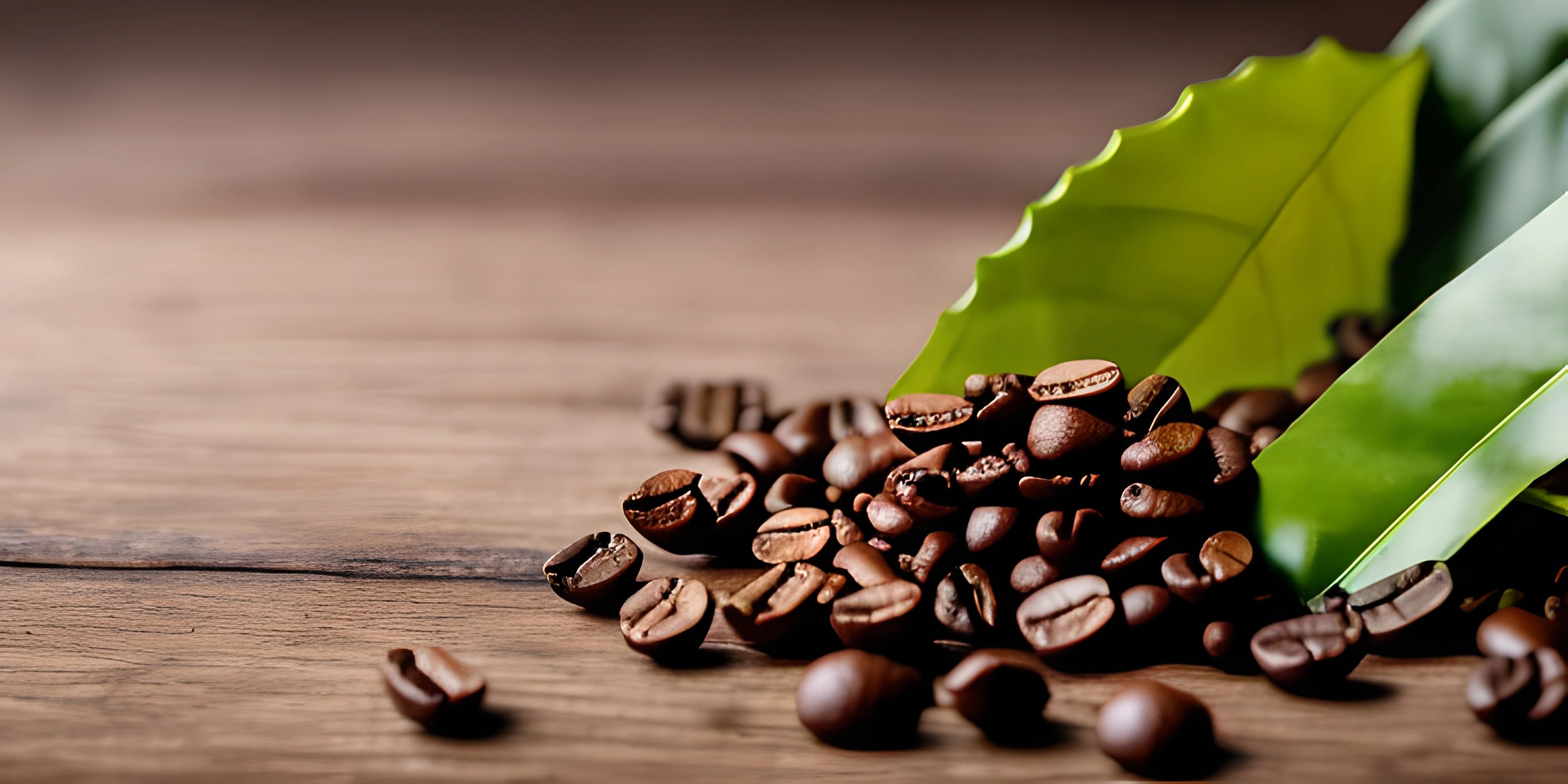 a bag of coffee beans on top of coffee beans with leaves lying around it on a wooden surface
