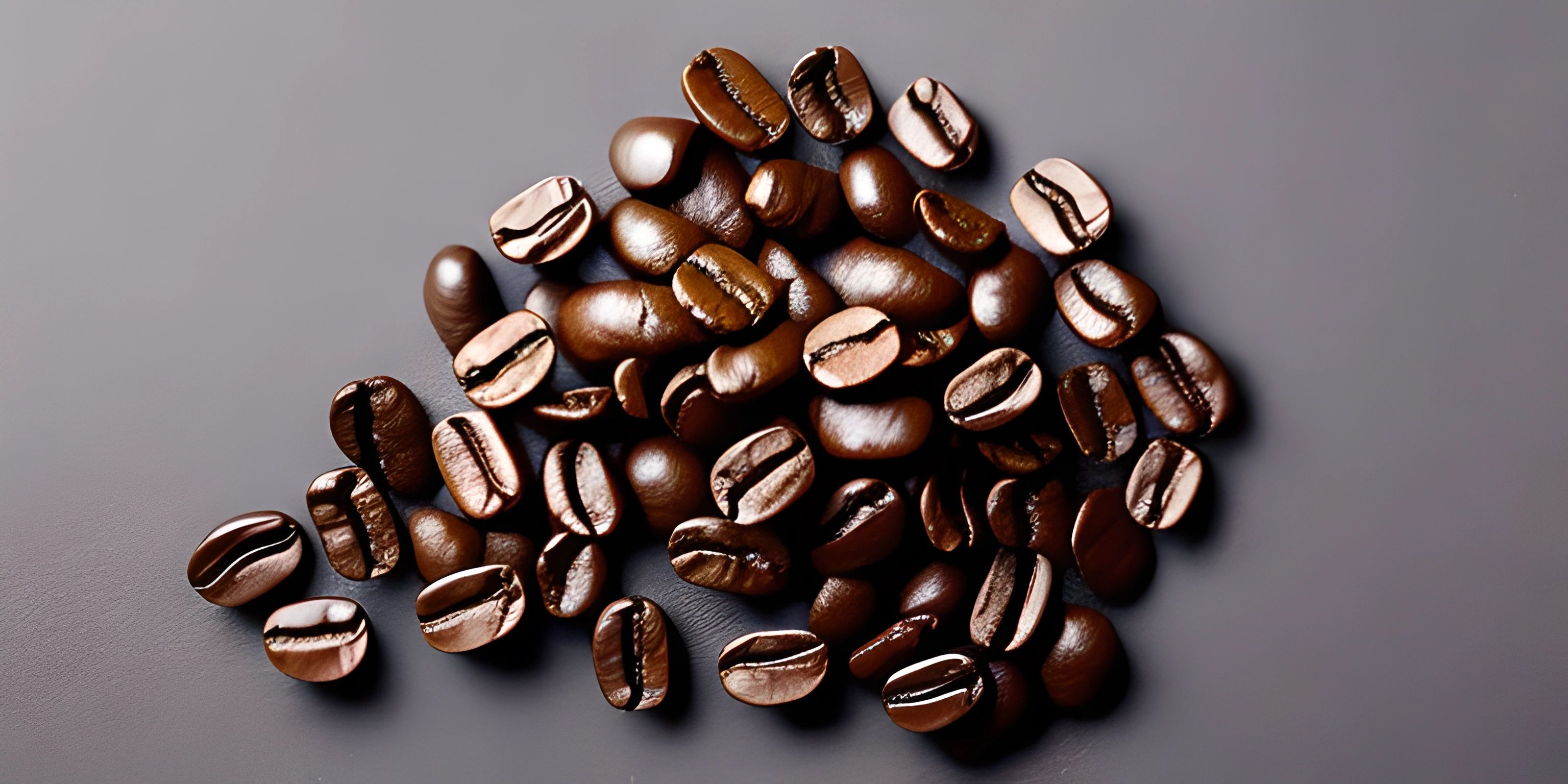 there are several coffee beans scattered close together on a gray surface, with one falling off of the edge