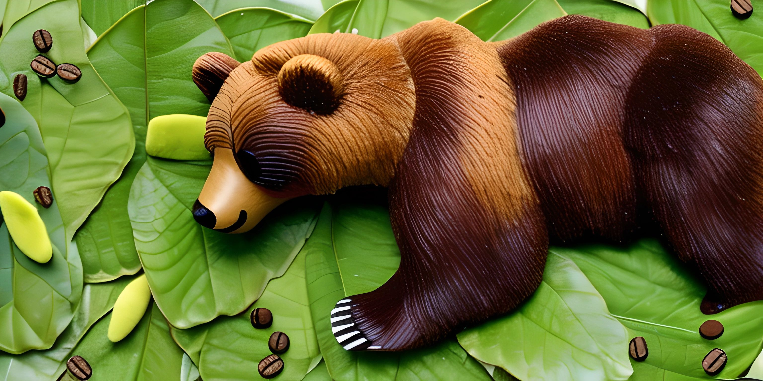 the bear is laying on a big leaf with coffee beans scattered around it and in the background