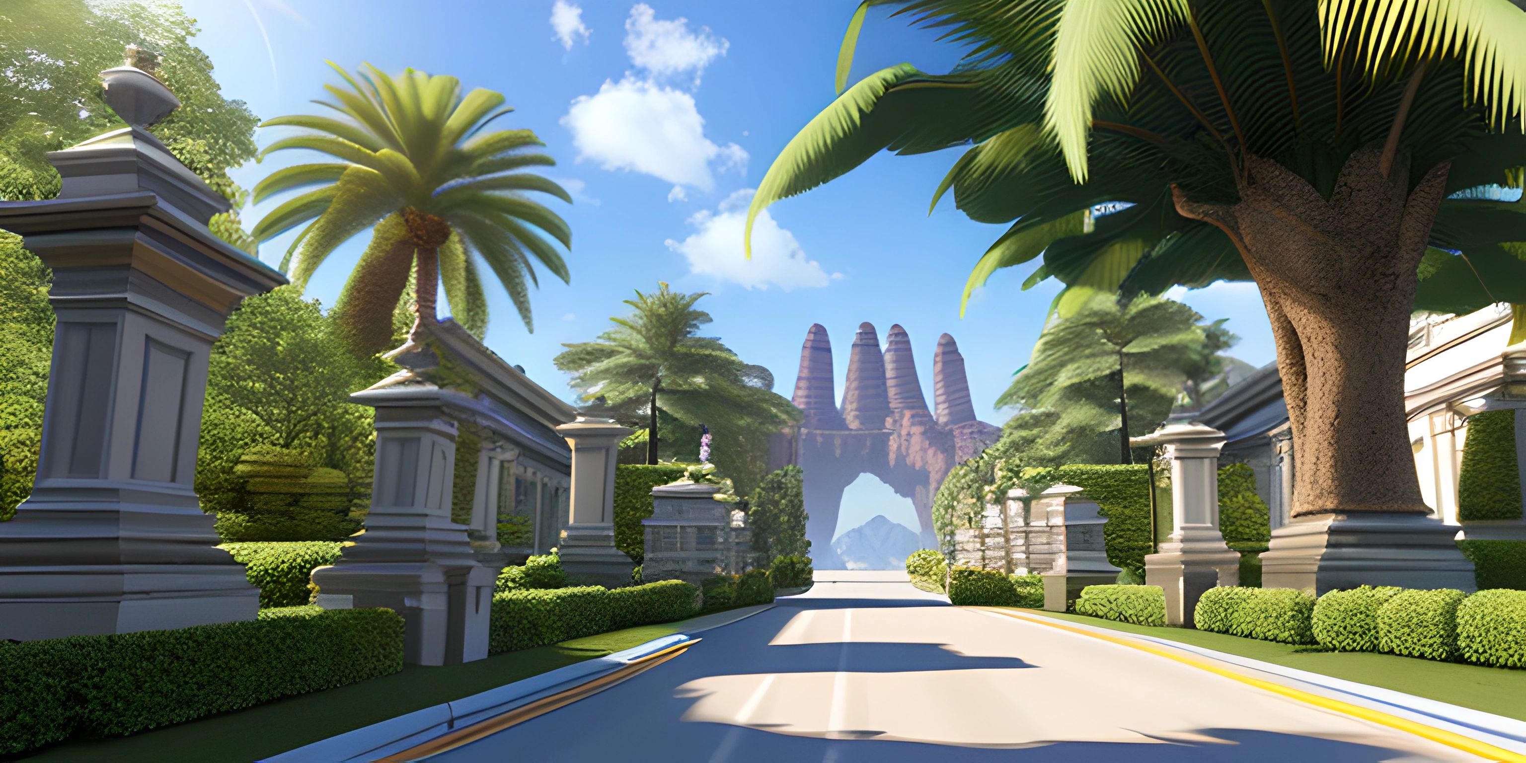 a very empty street lined with palm trees and bushes around it by a fountain and towers