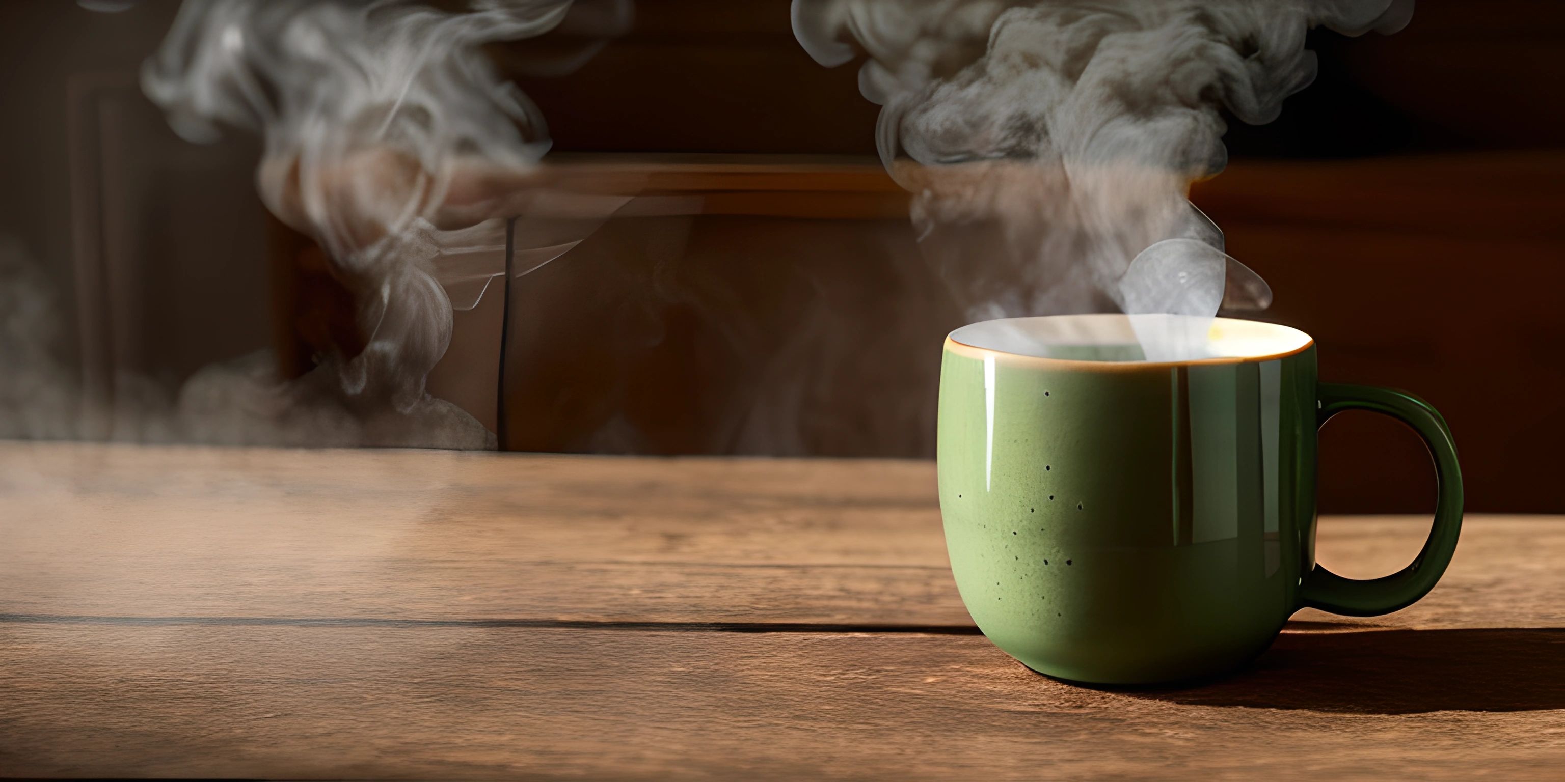 a steaming green cup sits on a table in front of a camera lens and frame