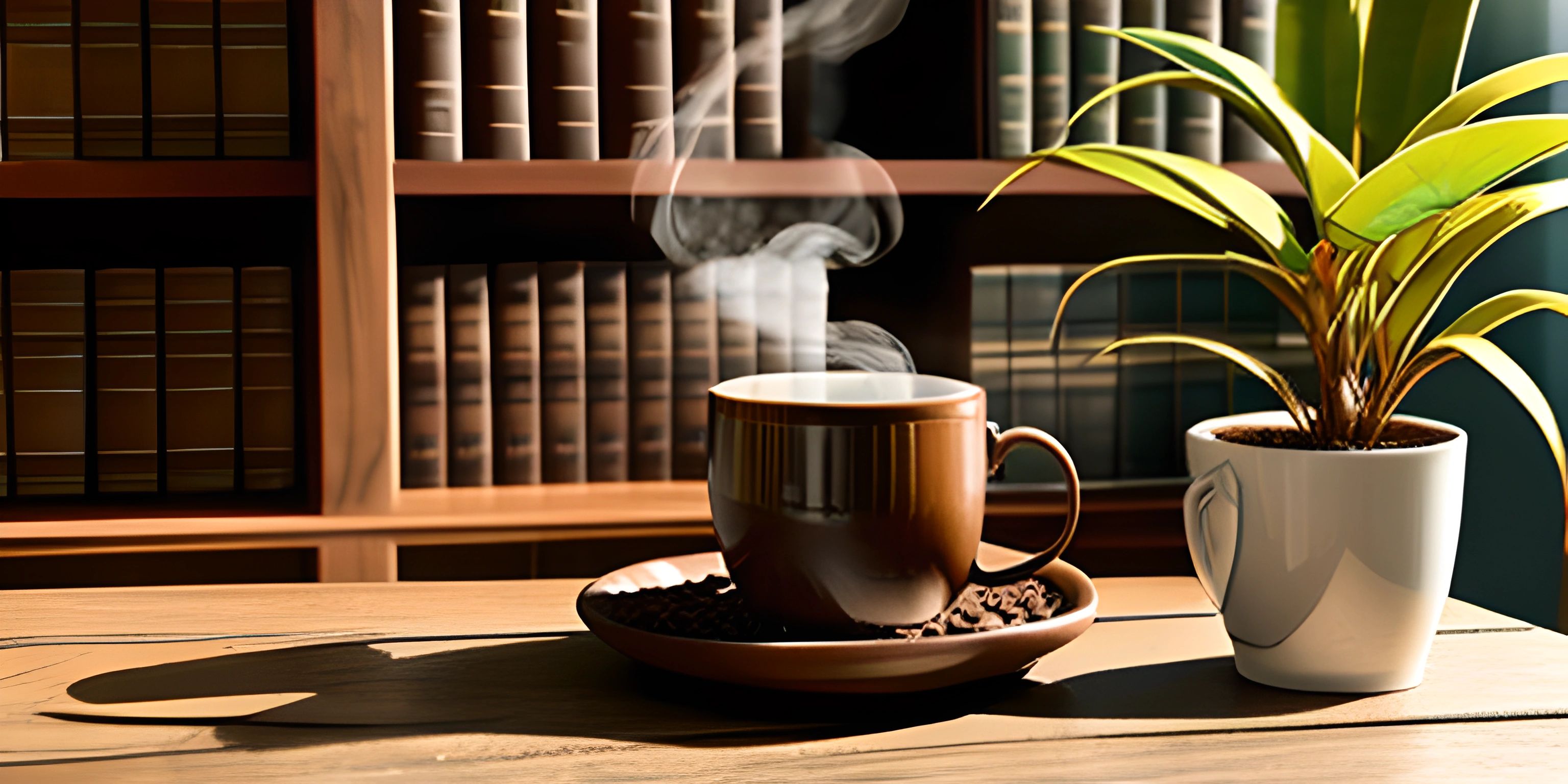 a cup on the edge of a table next to a plant, in a library