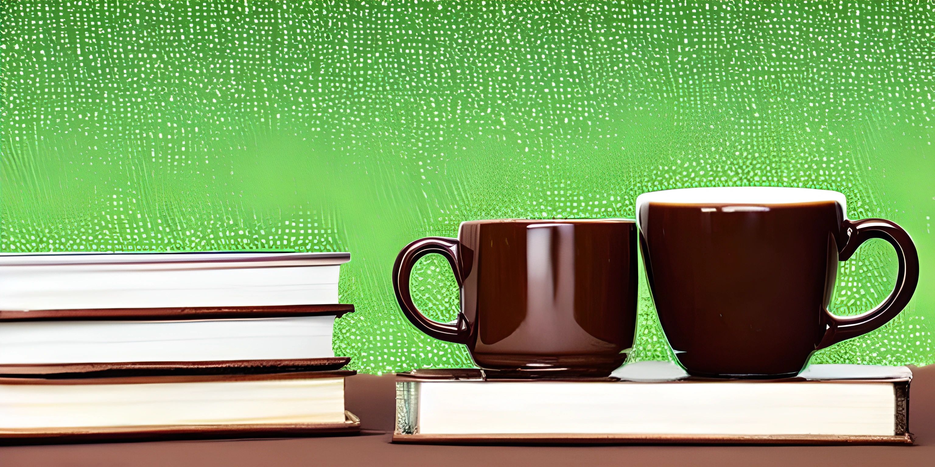 two coffee cups sitting on top of some books in front of a green background with drops of rain