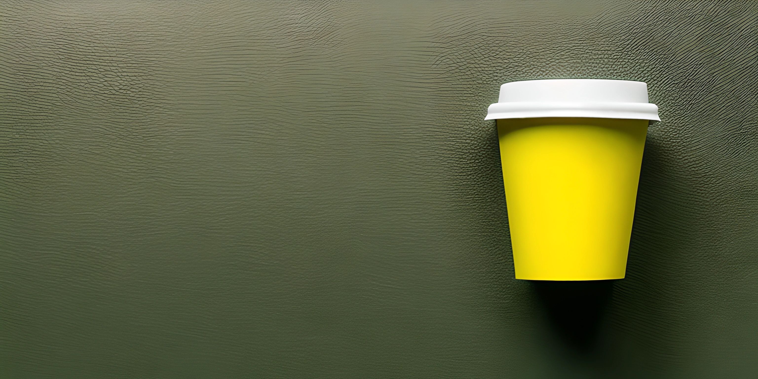 a cup of coffee on a green surface with waves coming up from behind it and on a wall, there is only a light