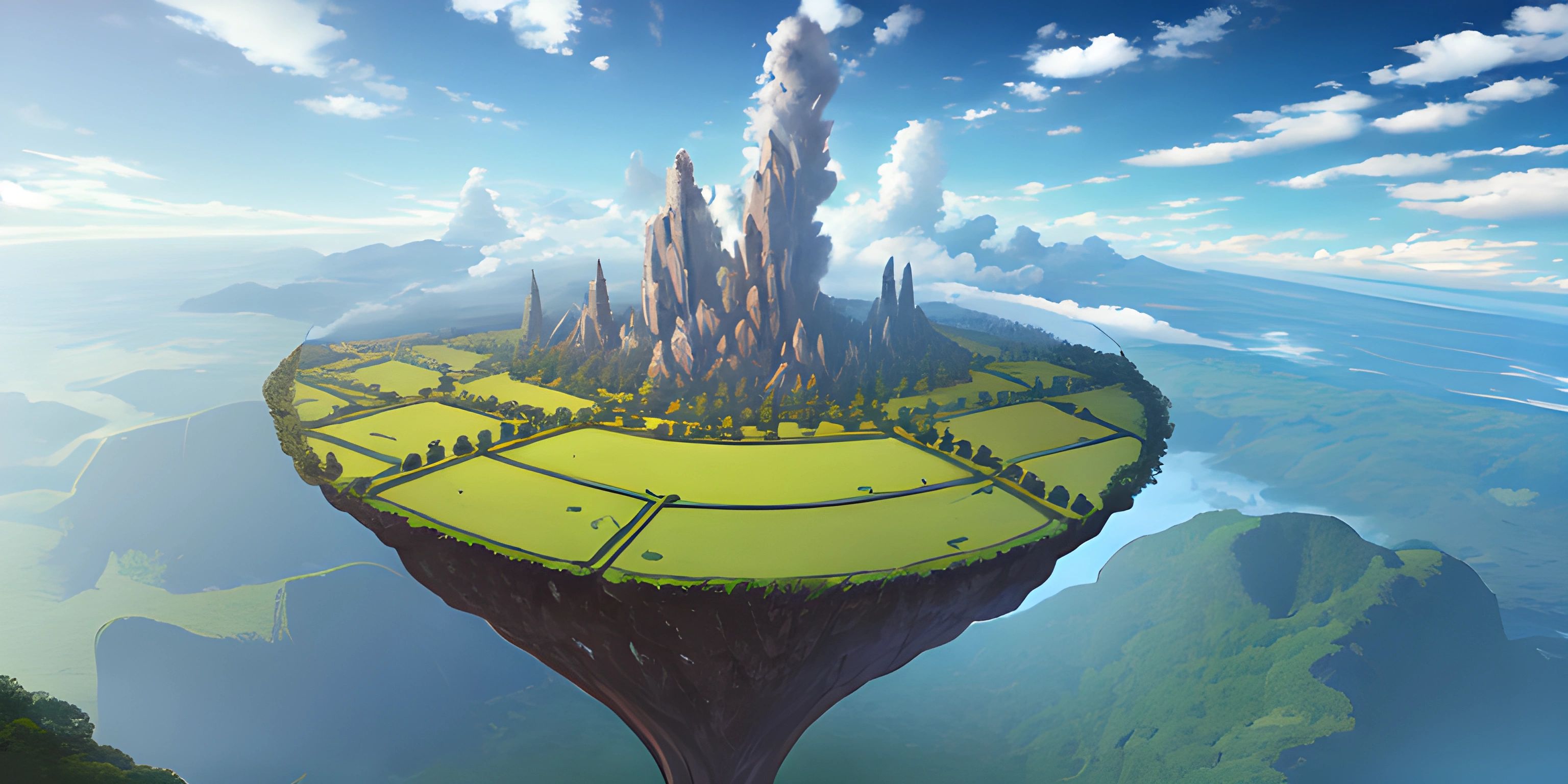 a fantasy castle sits in the middle of a field with mountains and sky in the background