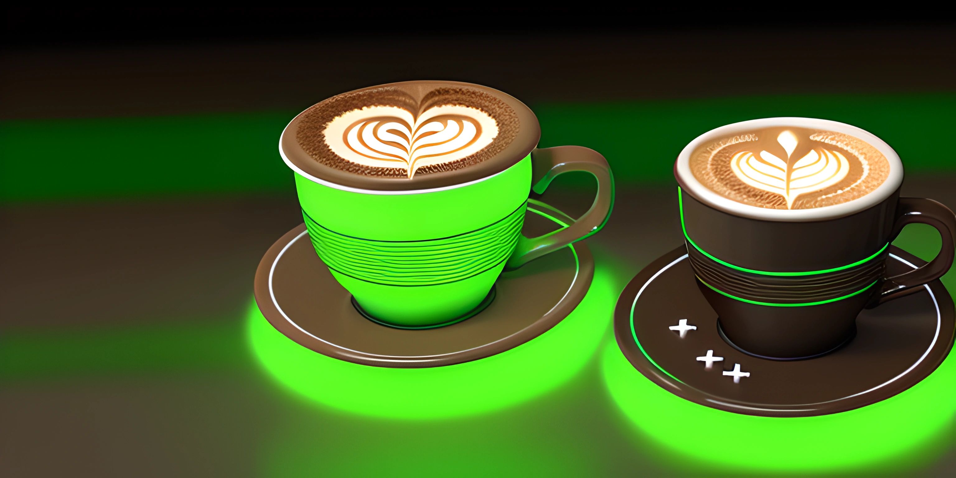 two green cups of coffee with a foam cup design on top of one cup, surrounded by a circular saucer and a white plate with a black band