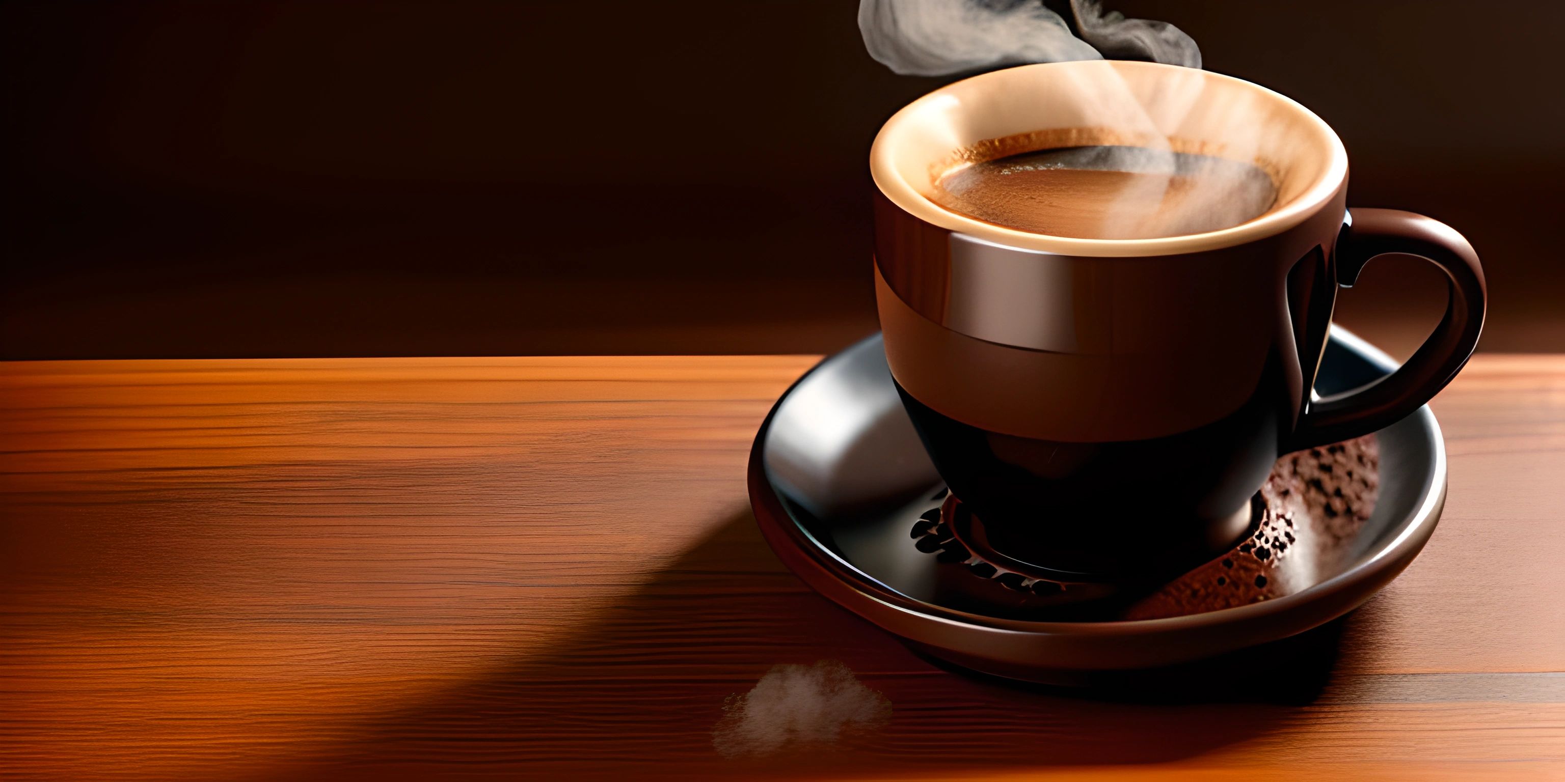 there is coffee with steam rising out of it on the plate on the table as a person walks towards the camera