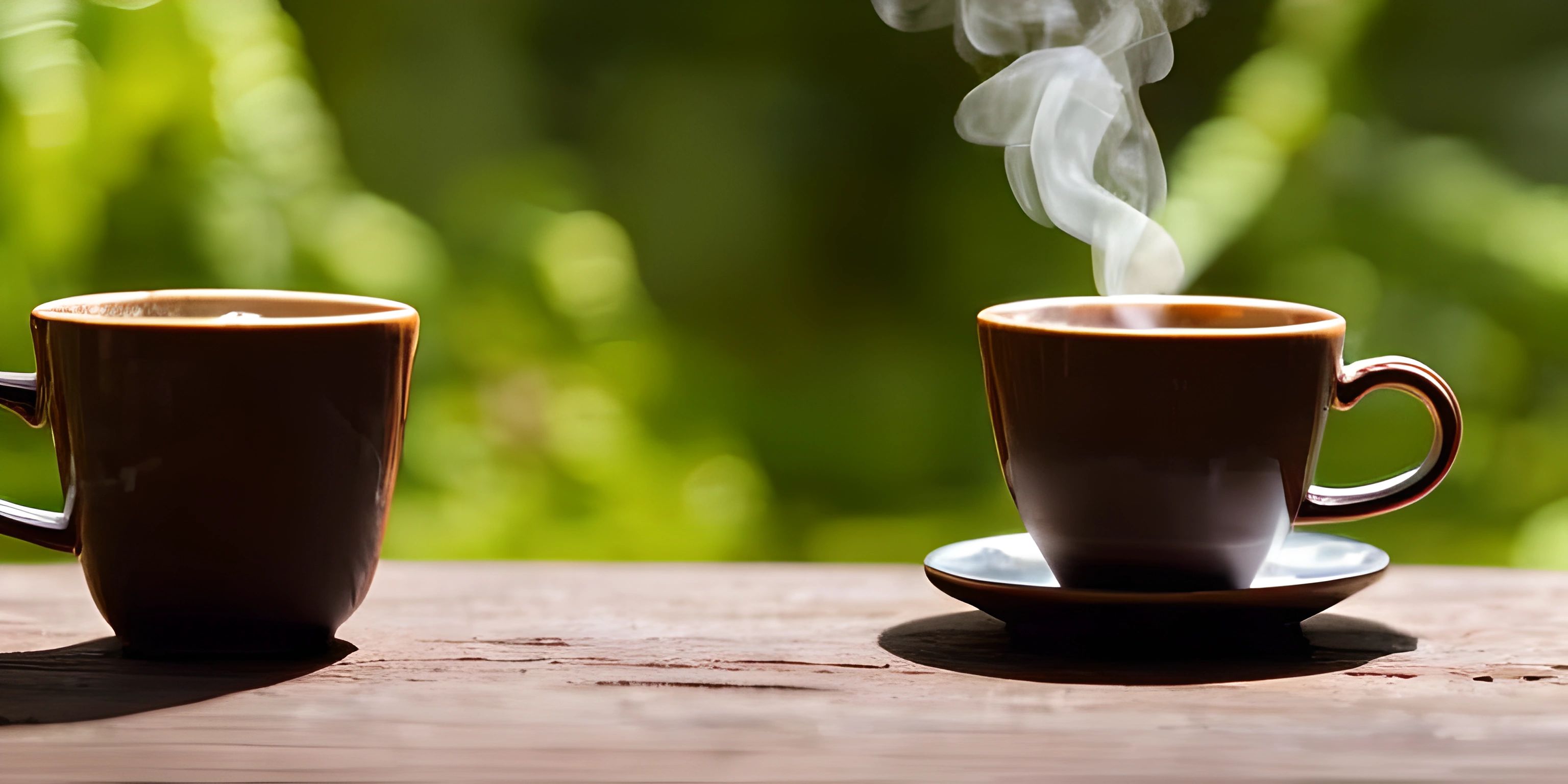 a couple of coffee cups sitting on a wooden table next to a forest background with trees