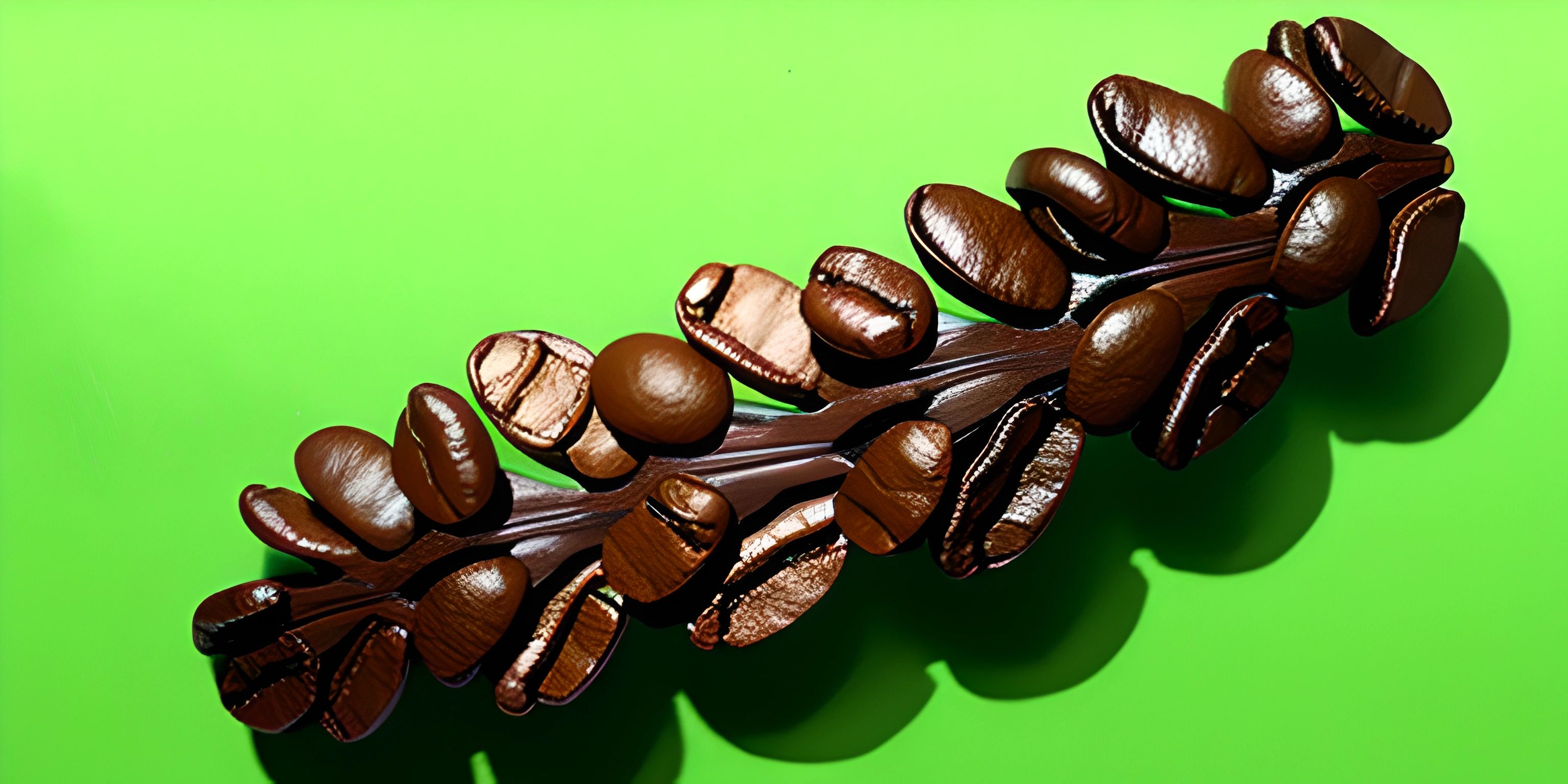 coffee beans and leaves on a green surface with shadows reflecting on the beans and a green backdrop