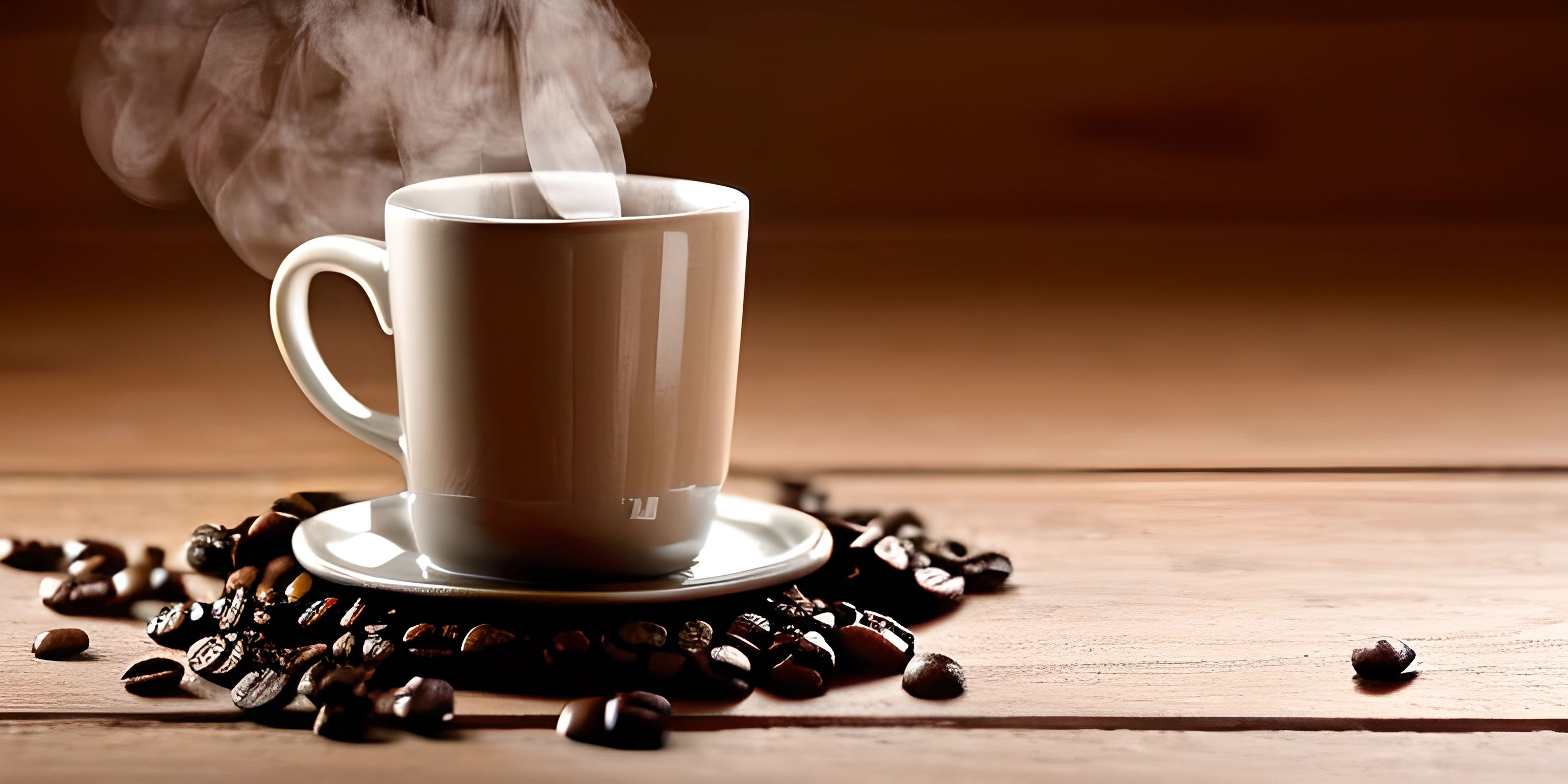 a white coffee cup sits on a saucer, surrounded by coffee beans and smoke
