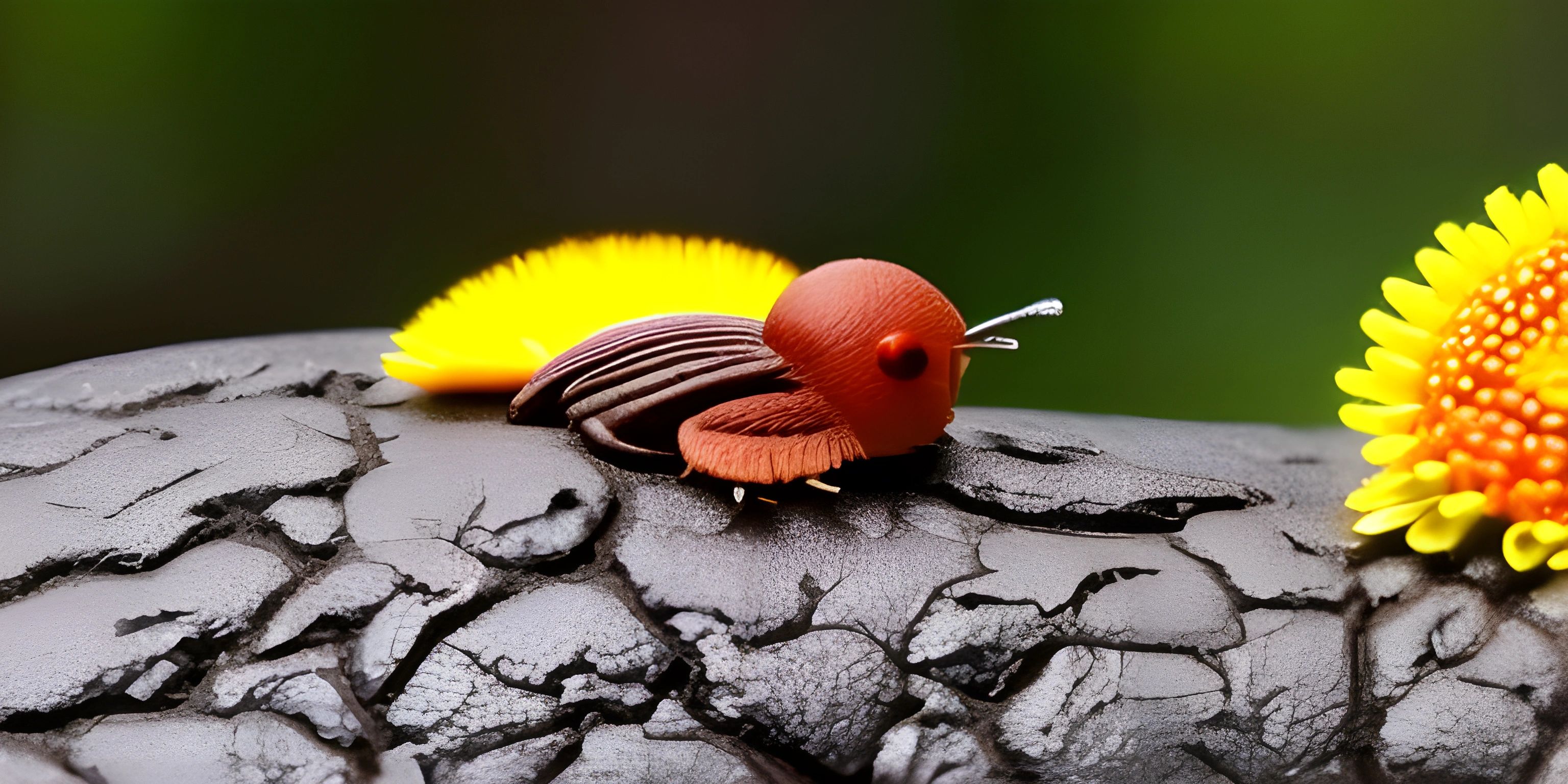 a small snail with a flower on top of it sitting on a rock next to a bright orange flower