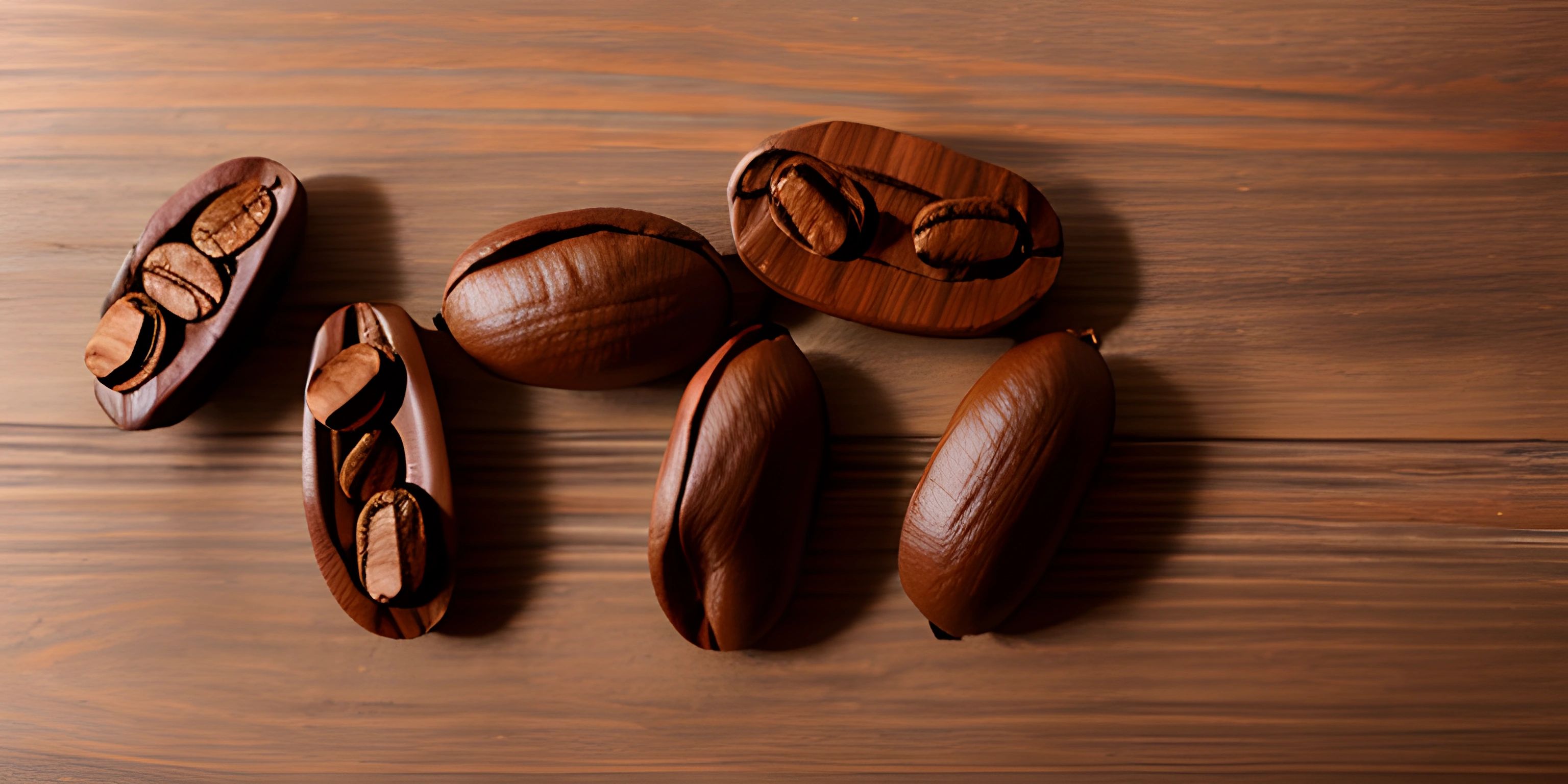 three halves of wood in shape of nut with one peeled off it's shell