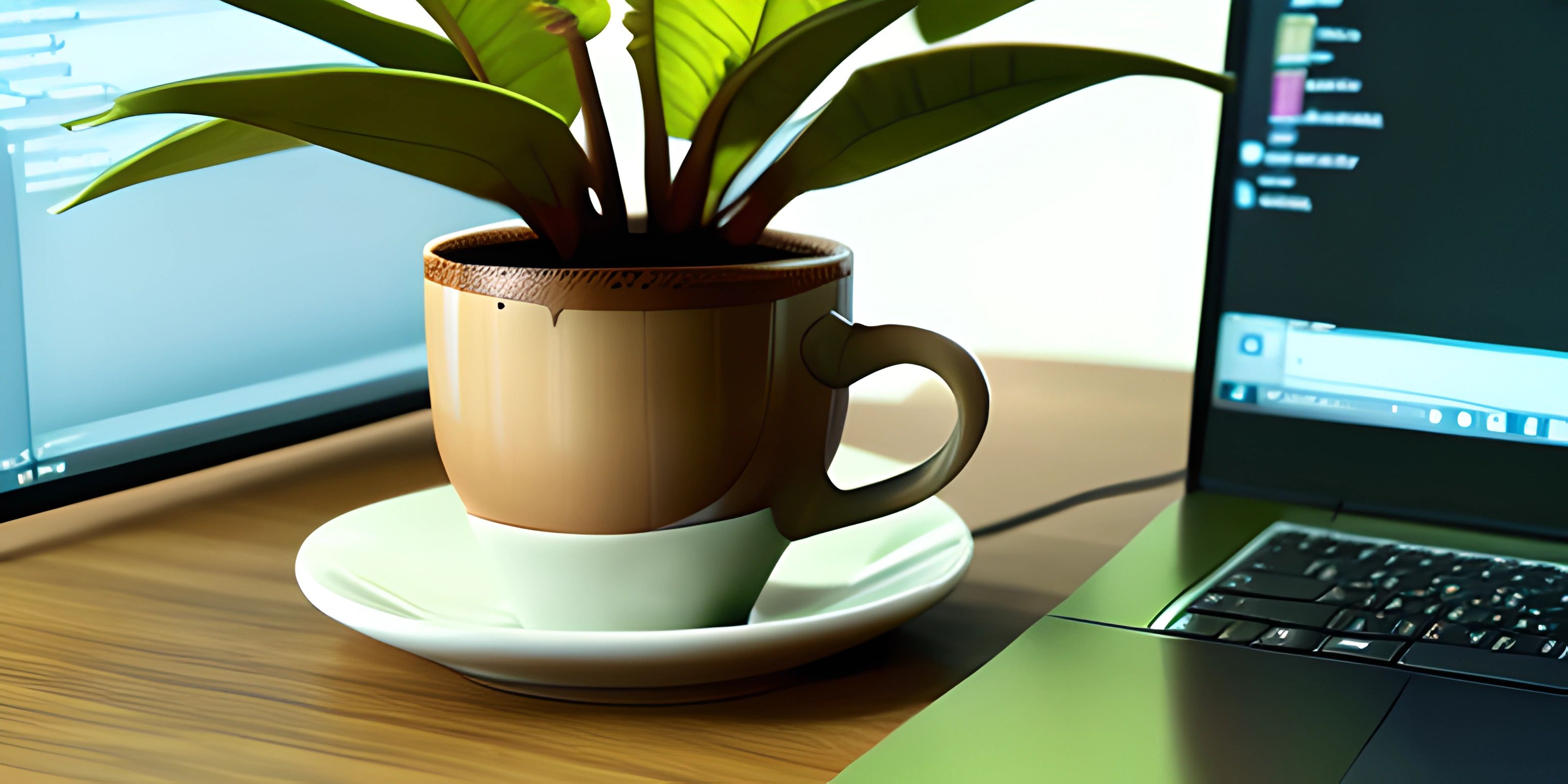 a cup on a table next to a laptop computer and a small plant on a saucer