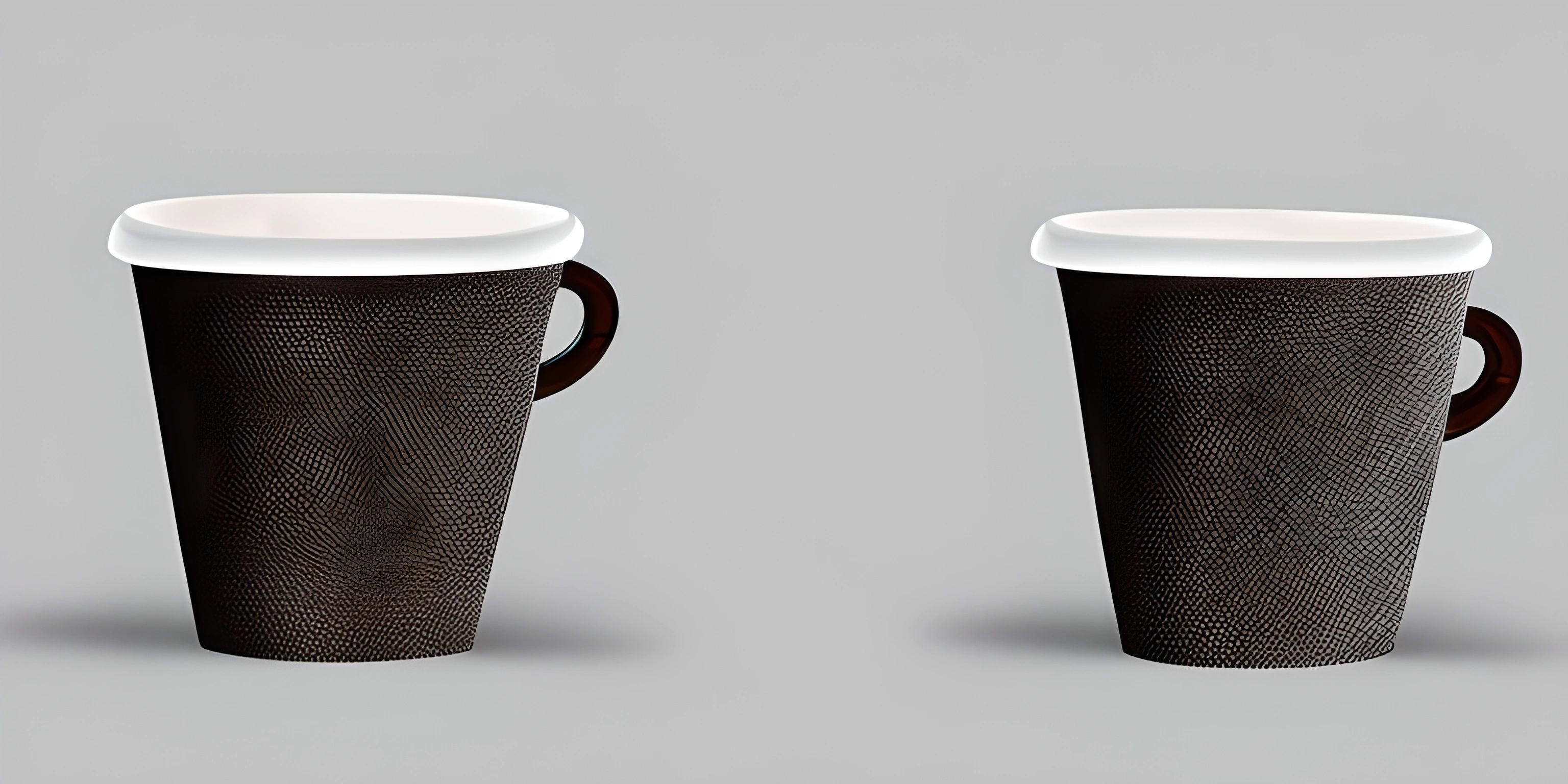 two coffee cups sit on a table together with white lids and a brown band around the sides