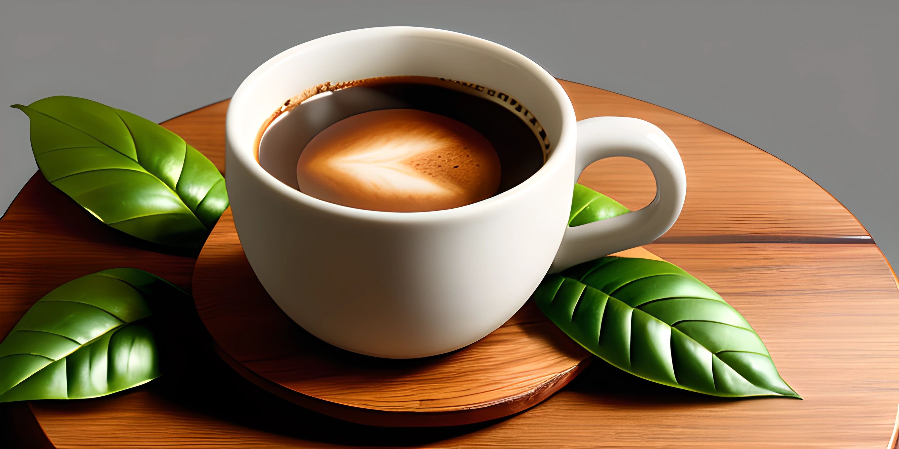 a white cup with a leaf shaped handle on a small plate that is on a wooden table