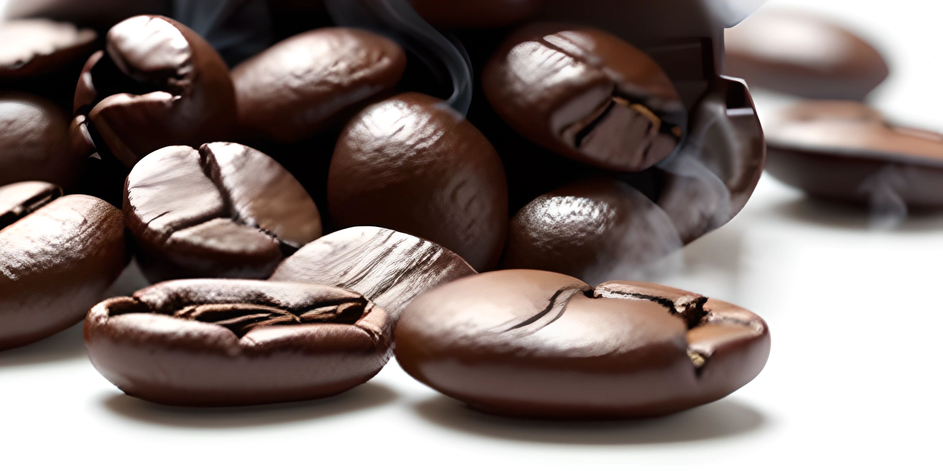 coffee beans and coffee beans on a white surface, with one ground in focus in the background