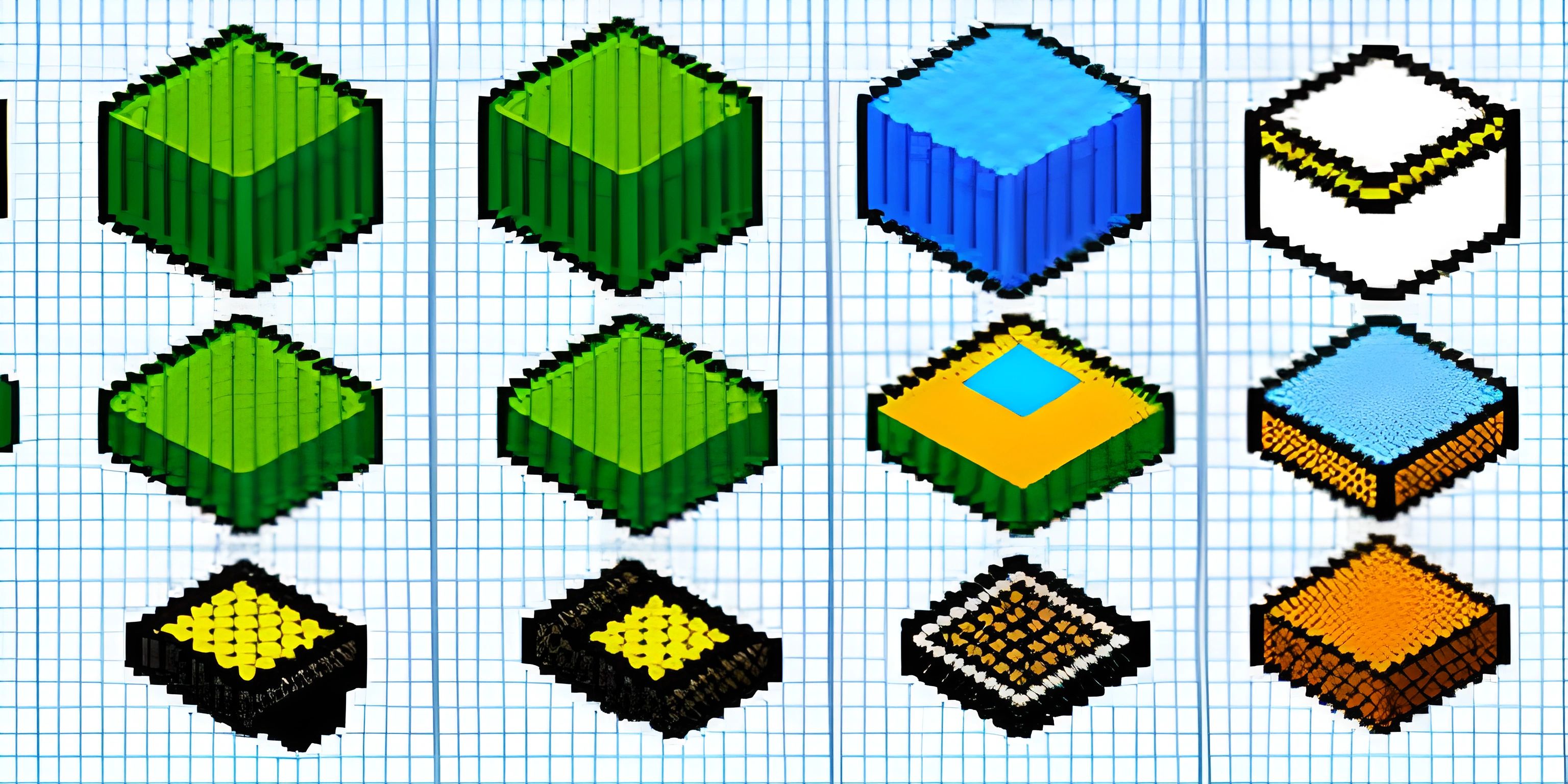 there are nine different colored cubes that appear to be pixelized on paper, each with a smaller shape