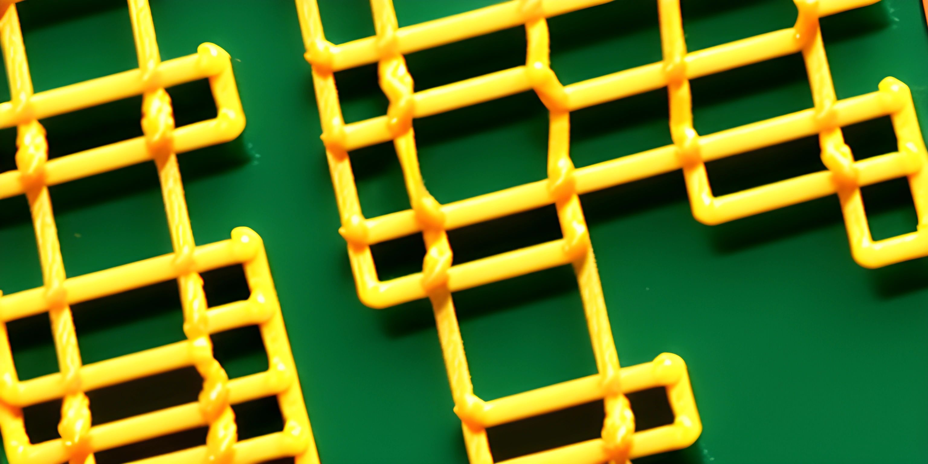 yellow plastic grids on a green background with no other images on them, and the words,