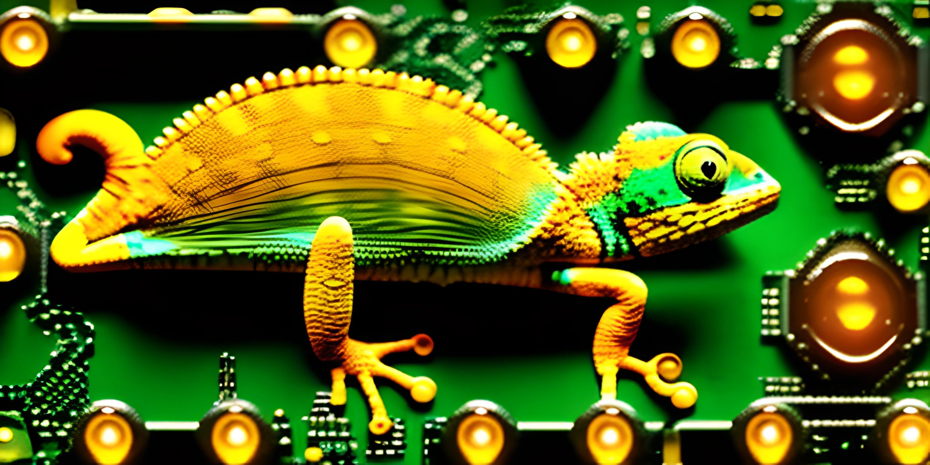 lizard made out of circuit board parts on green surface with gold dots above it and below