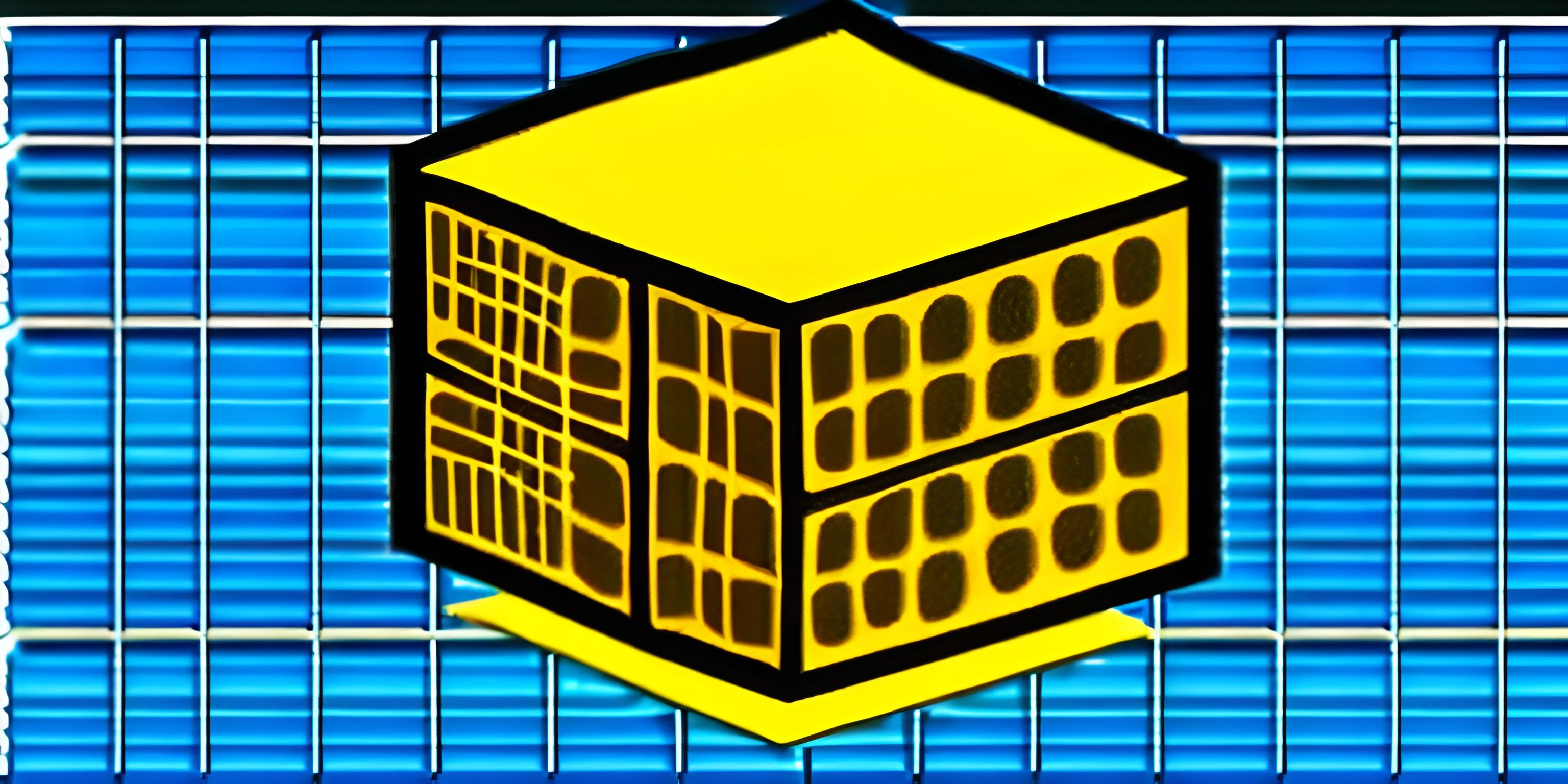 an image of a yellow cube on top of a blue tiled wall with metal grids