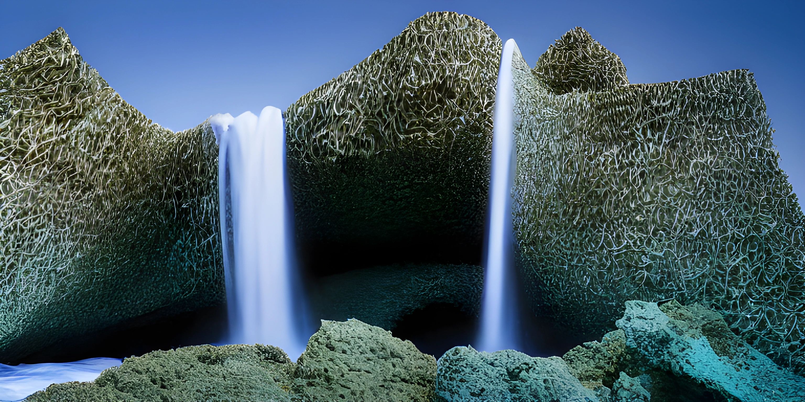 the water is flowing out from the rocks in the ocean near the sea shore,