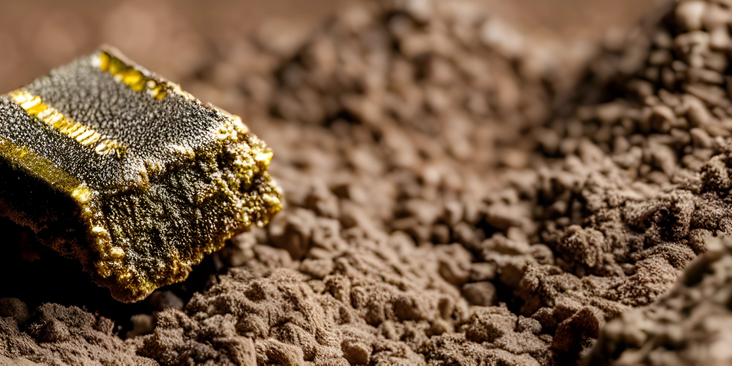 the gold nugget is on top of dirt by a piece of iron or gold