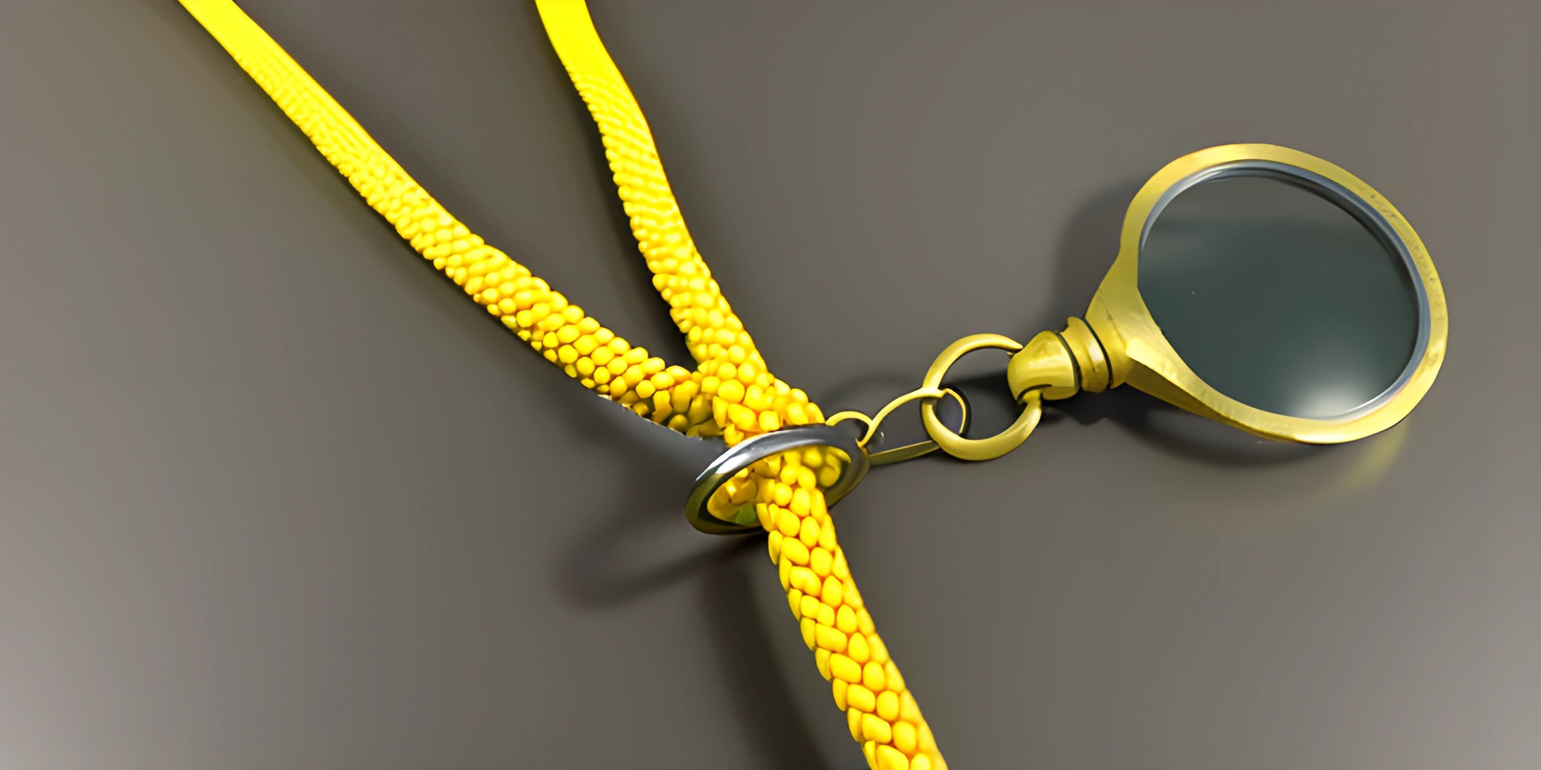 a round brass colored metal zipper that has been tied in to the handle of a yellow plastic bag