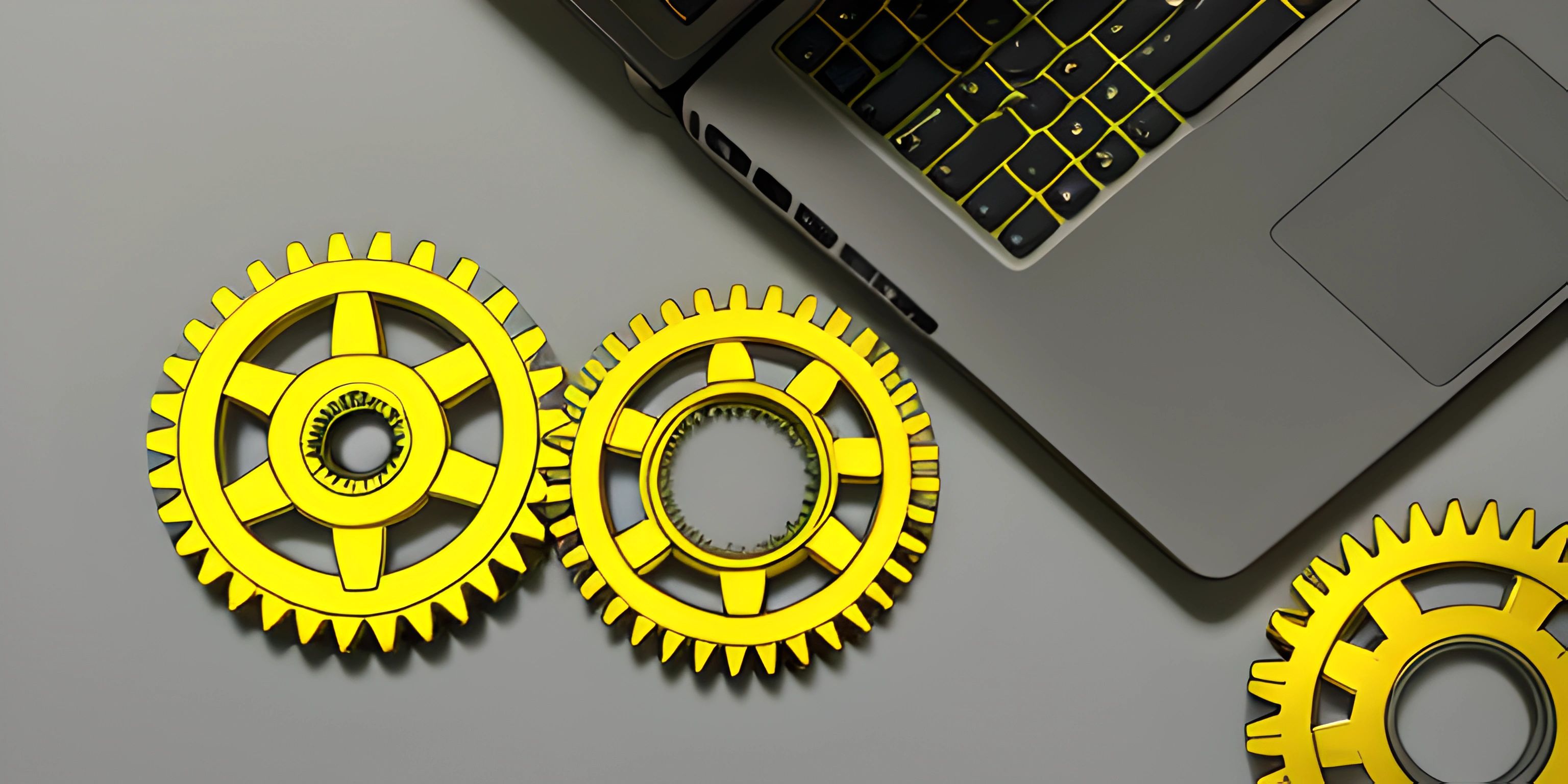 four golden gear wheels sit in front of an open laptop computer on a gray table