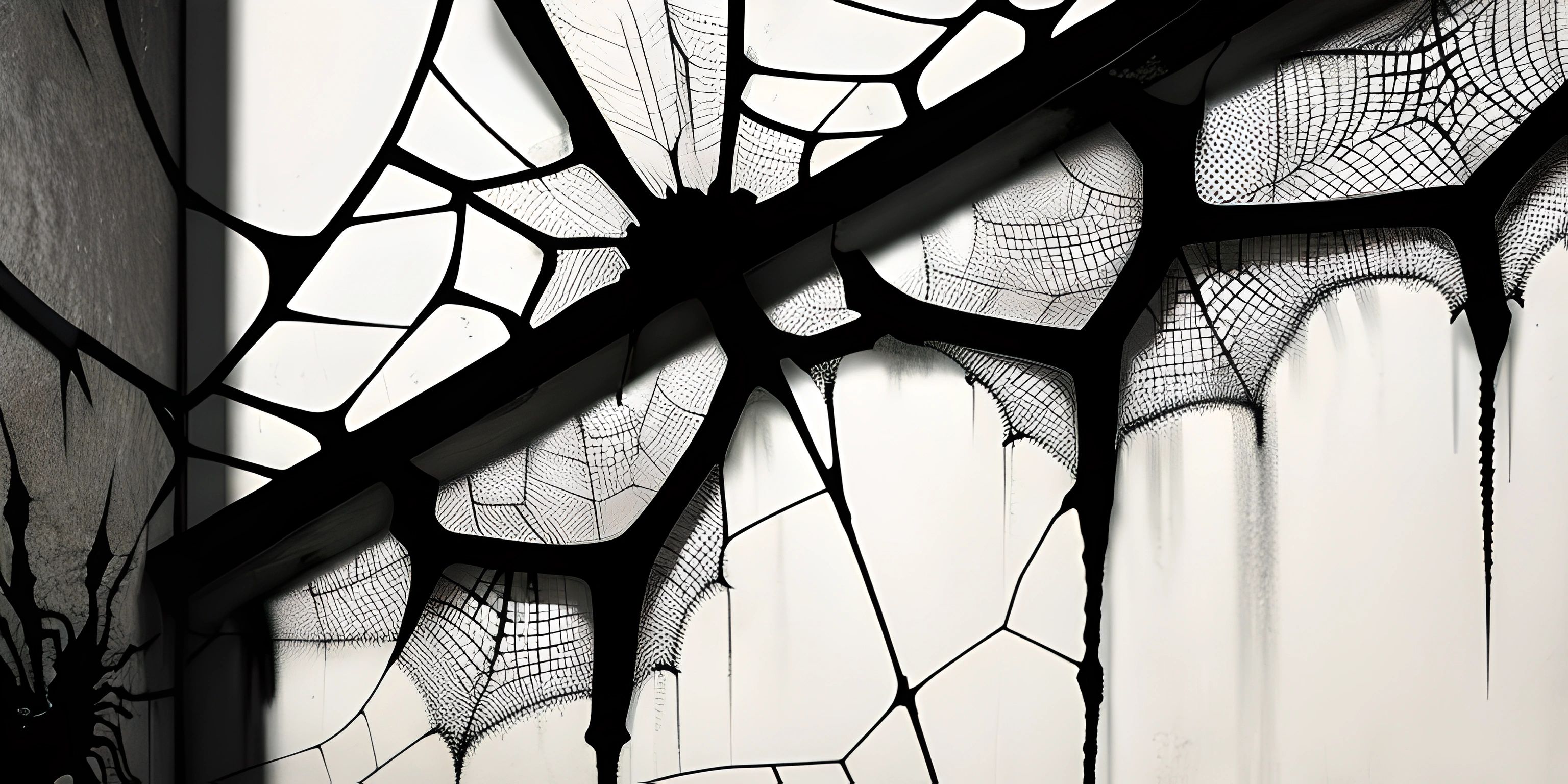 a large spider web in the middle of a room with a white wall and a black background
