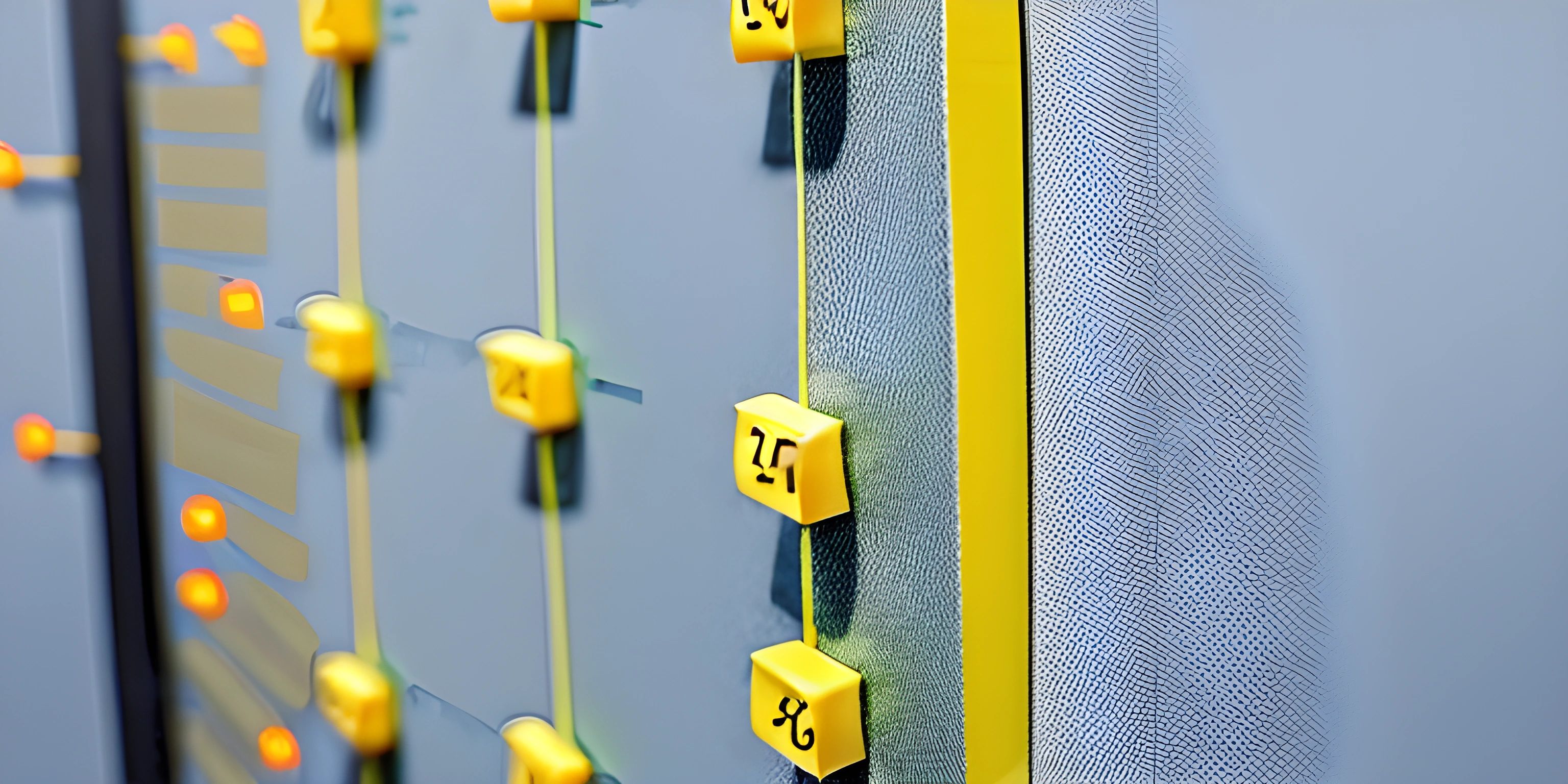 a bulletin board with yellow numbers and different magnets on the side of it in a school hallway