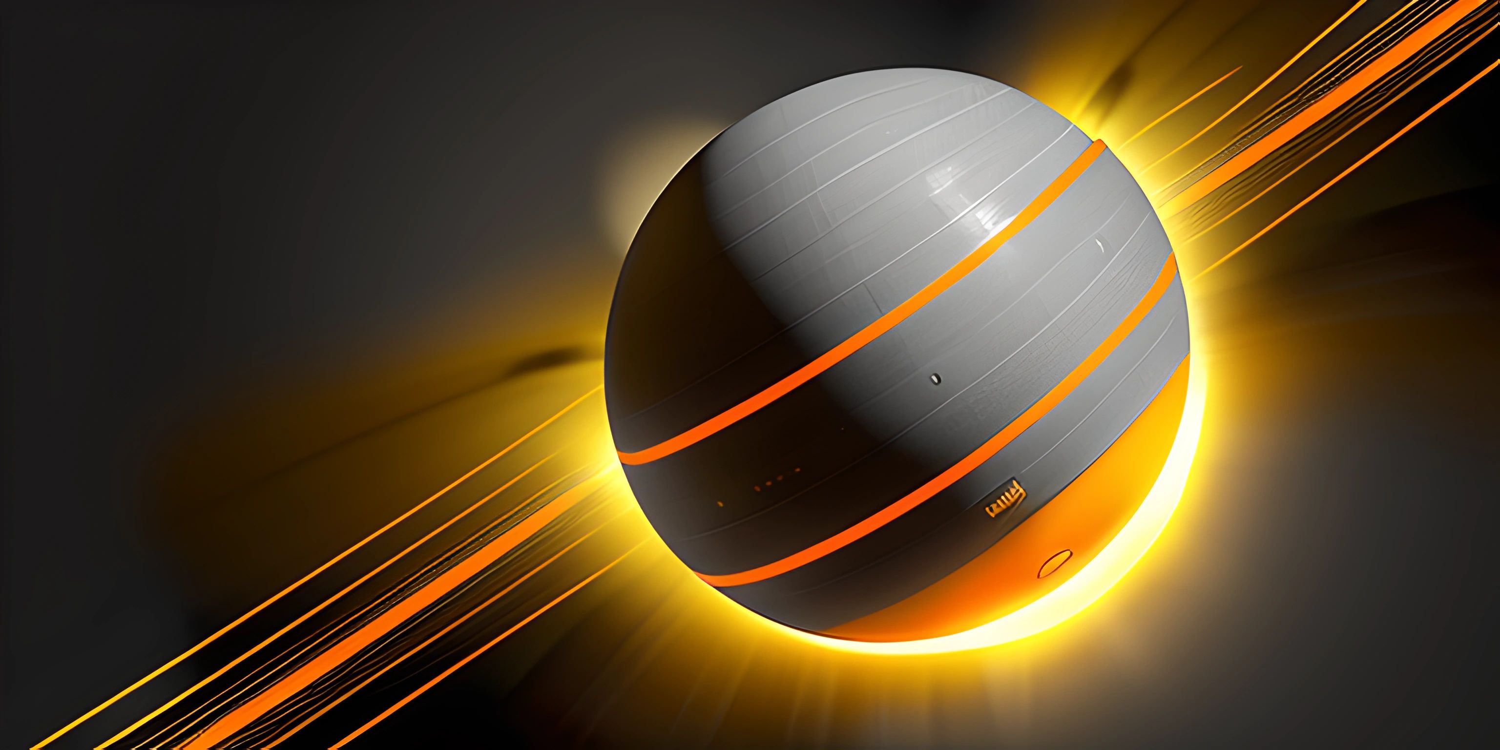 a black and orange sphere with yellow lights on it that is shining up behind it
