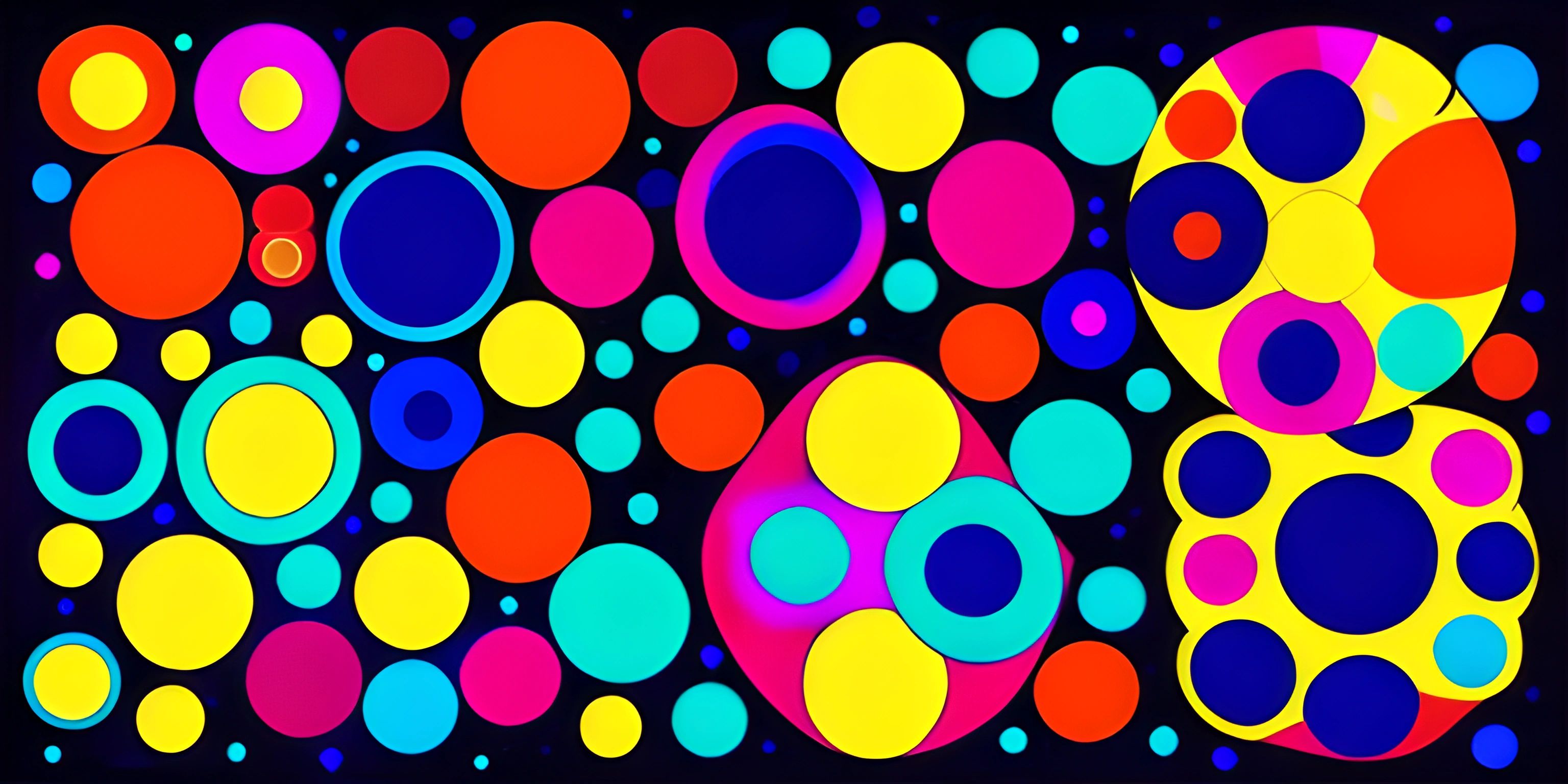 many colored balls and bubbles on a black background and it looks like the shape of circles