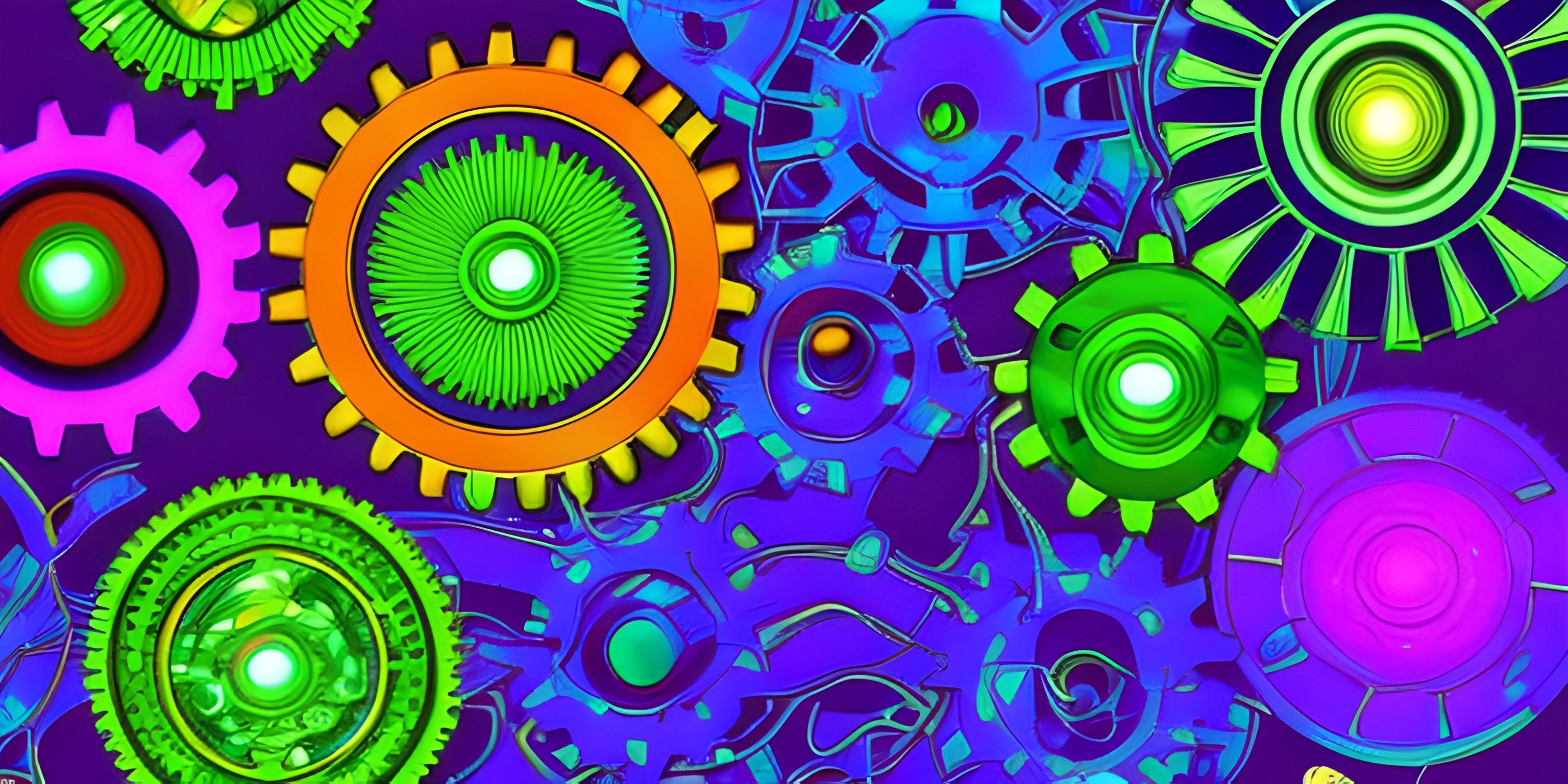 colorfully painted gears and wheels on a purple background background for a computer wallpaper
