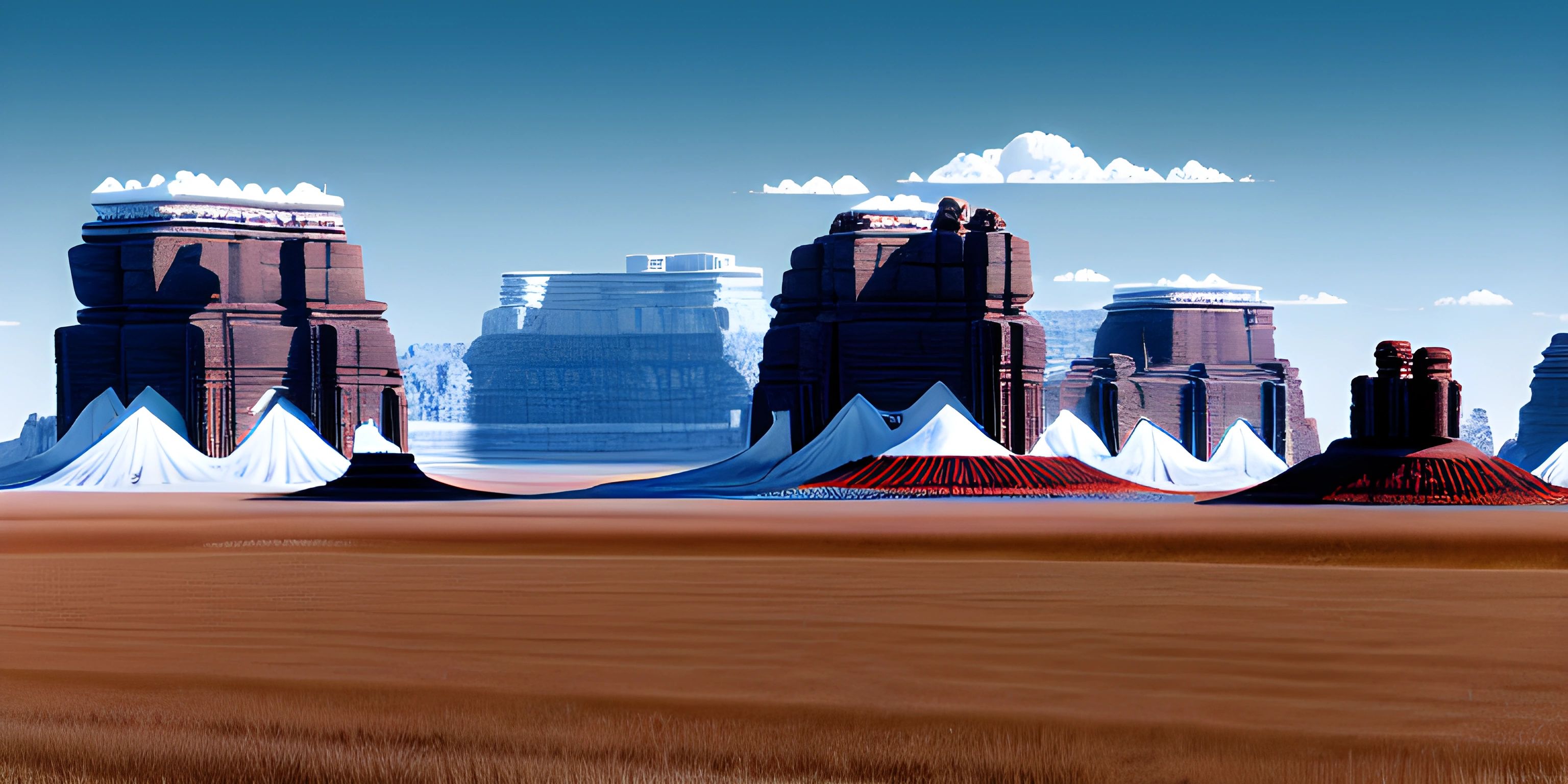 a desert scene shows sand structures and some desert rocks and boulders in the distance, in front of a blue sky