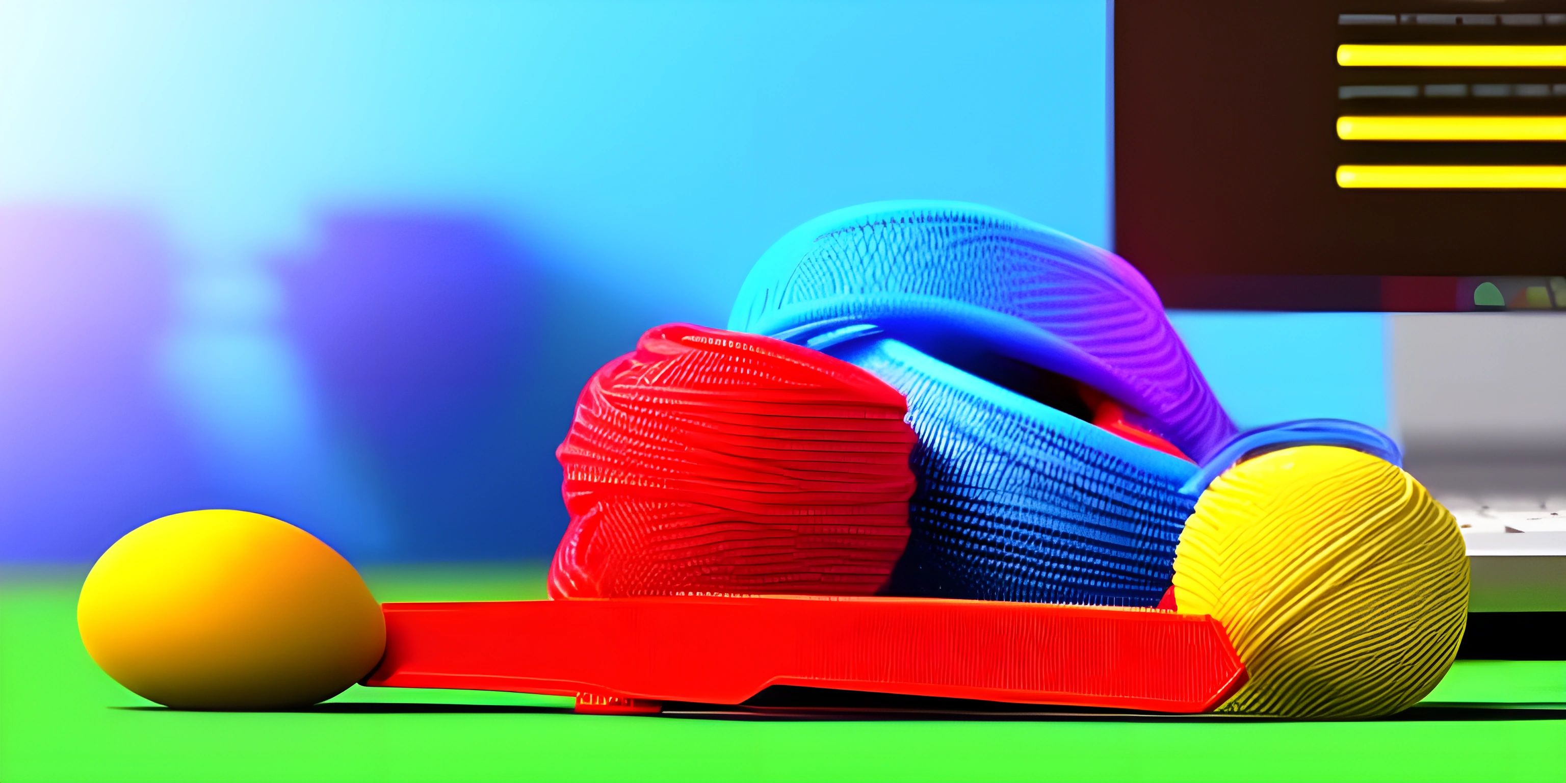 two balls of yarn sitting next to a computer monitor on the floor with an orange ball in front