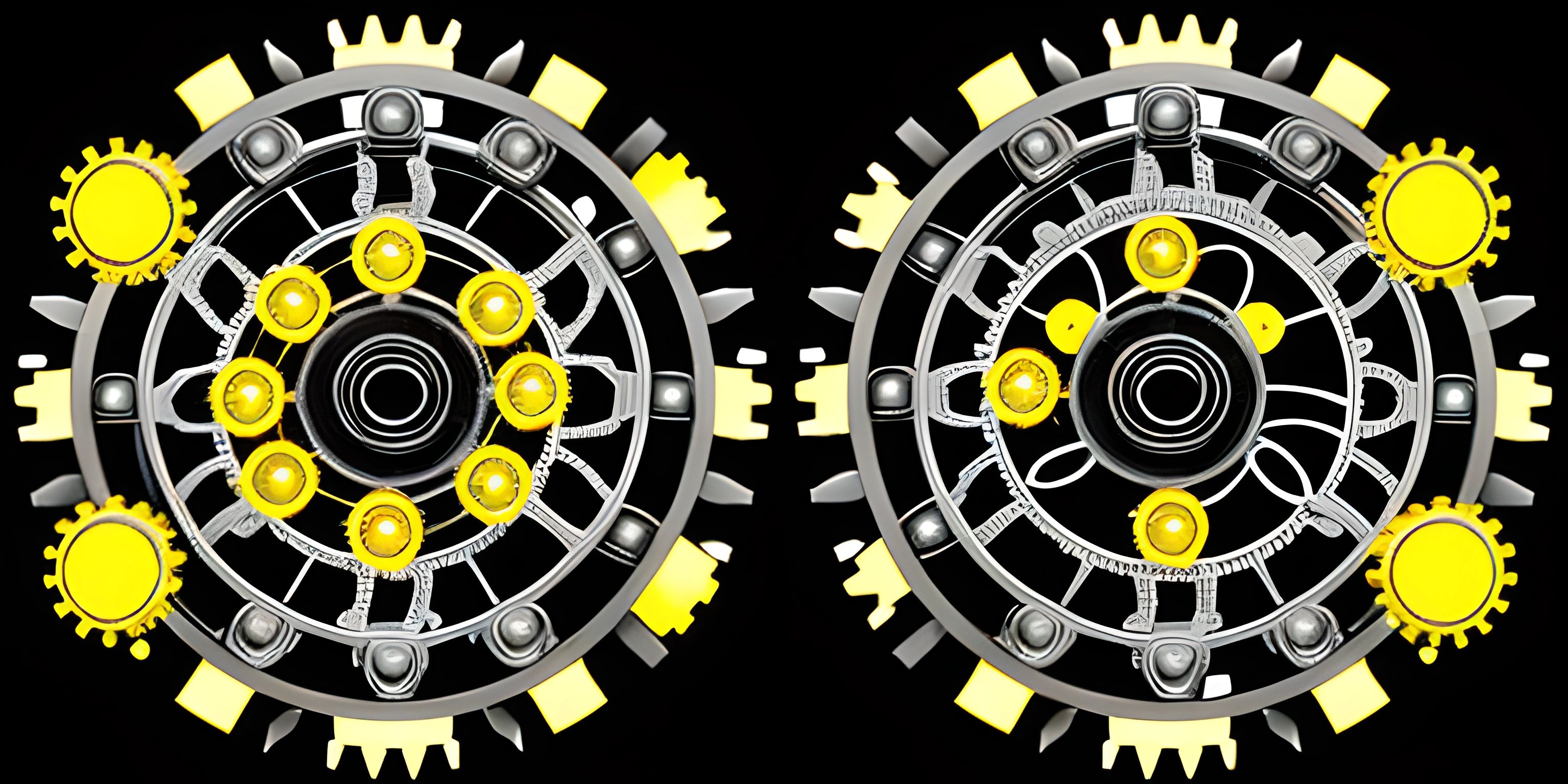 two different types of gear on display in a black background and yellow and white one has some gears