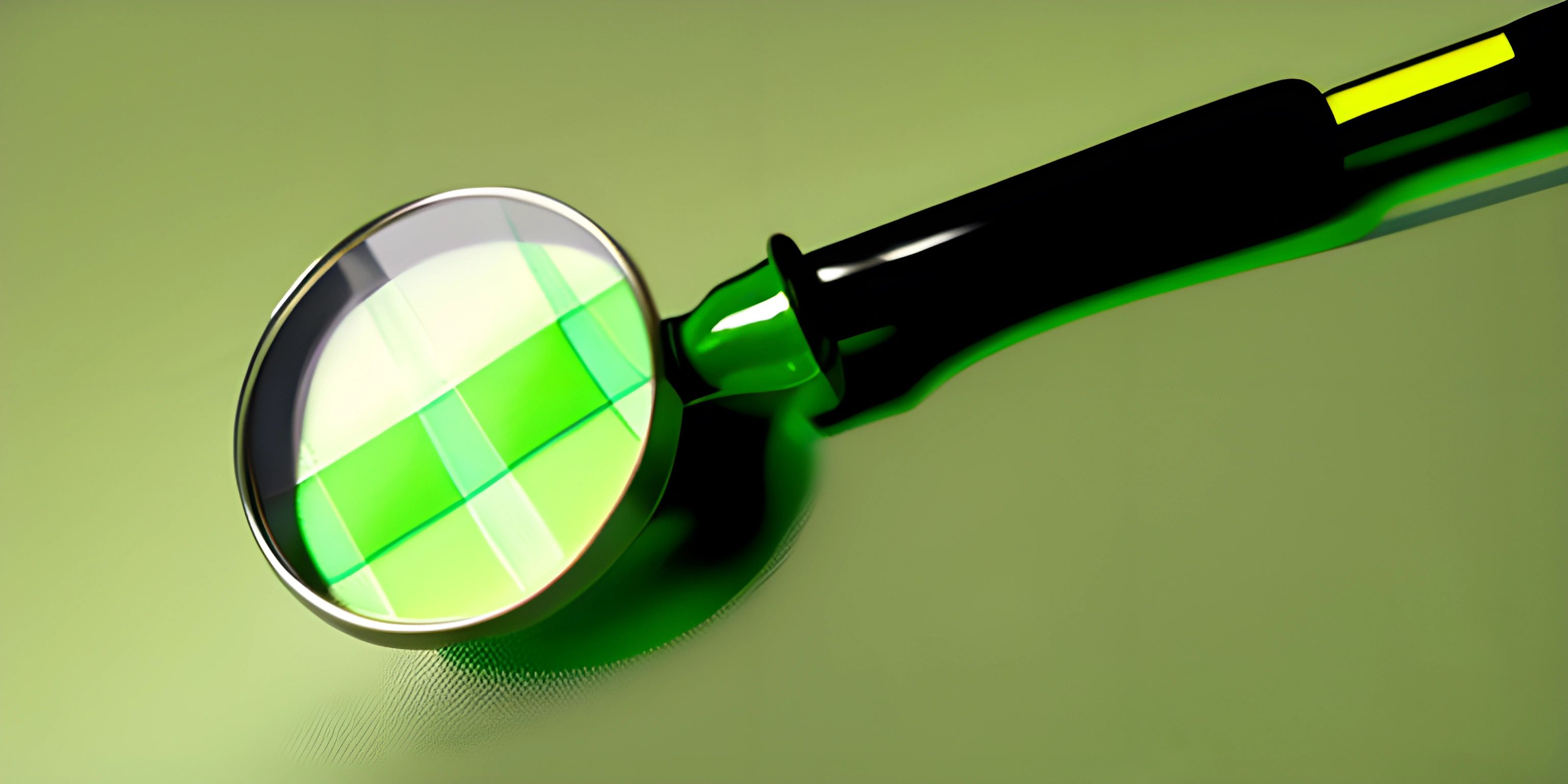 green tiles and magnifying glass with a plastic handle on a surface with shadow